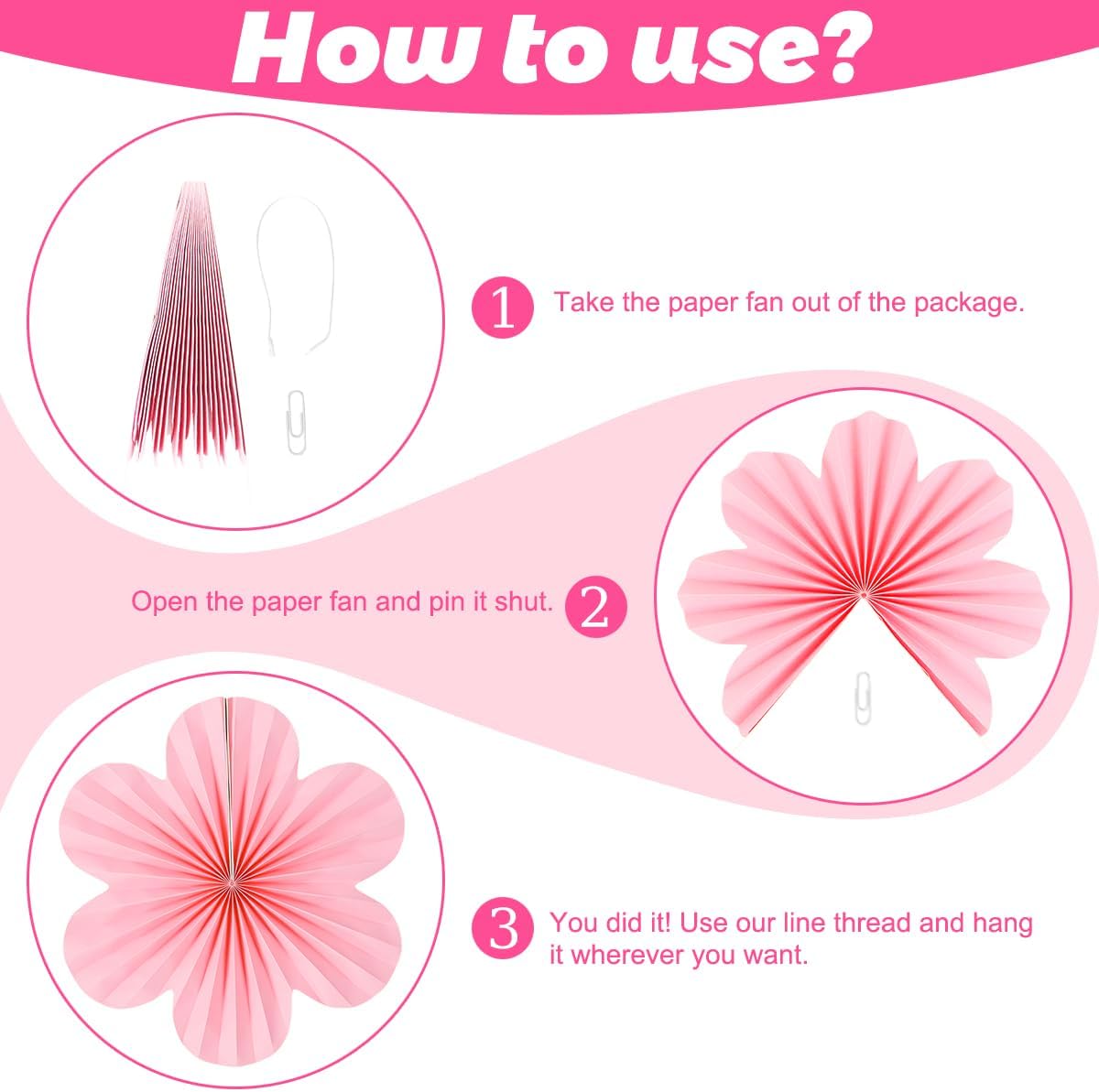 DODOKIM Pink Paper Fans Wall Decor Pack of 9