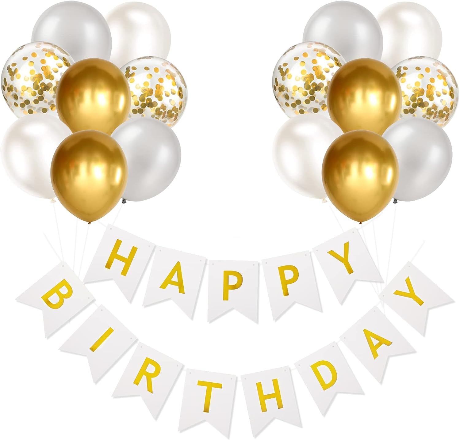 Happy Birthday Banner Bunting Set White Gold Balloons Confetti Decorations