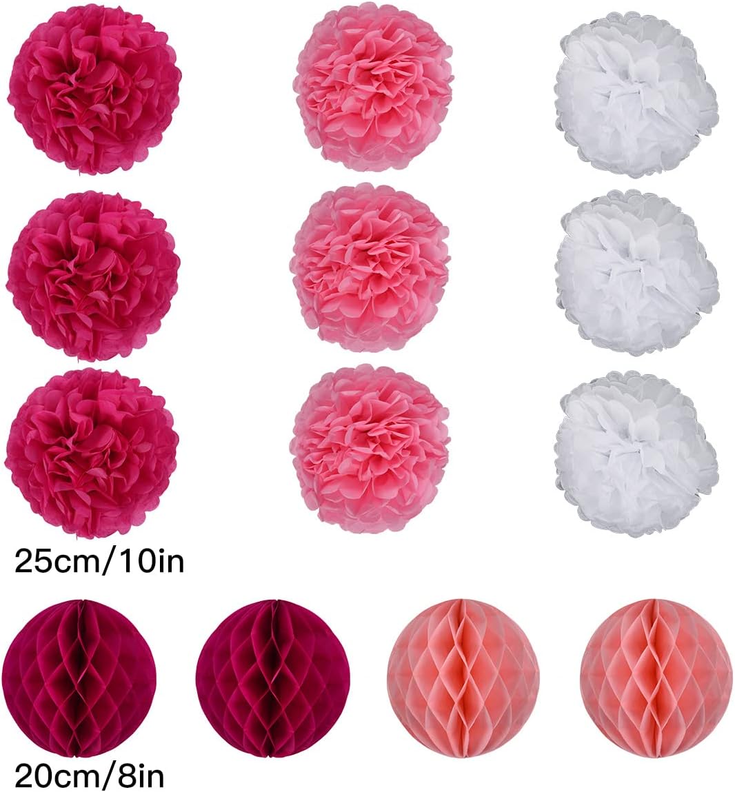Koboome Party Hanging Paper Fan Set with Pom Poms Flowers Pink