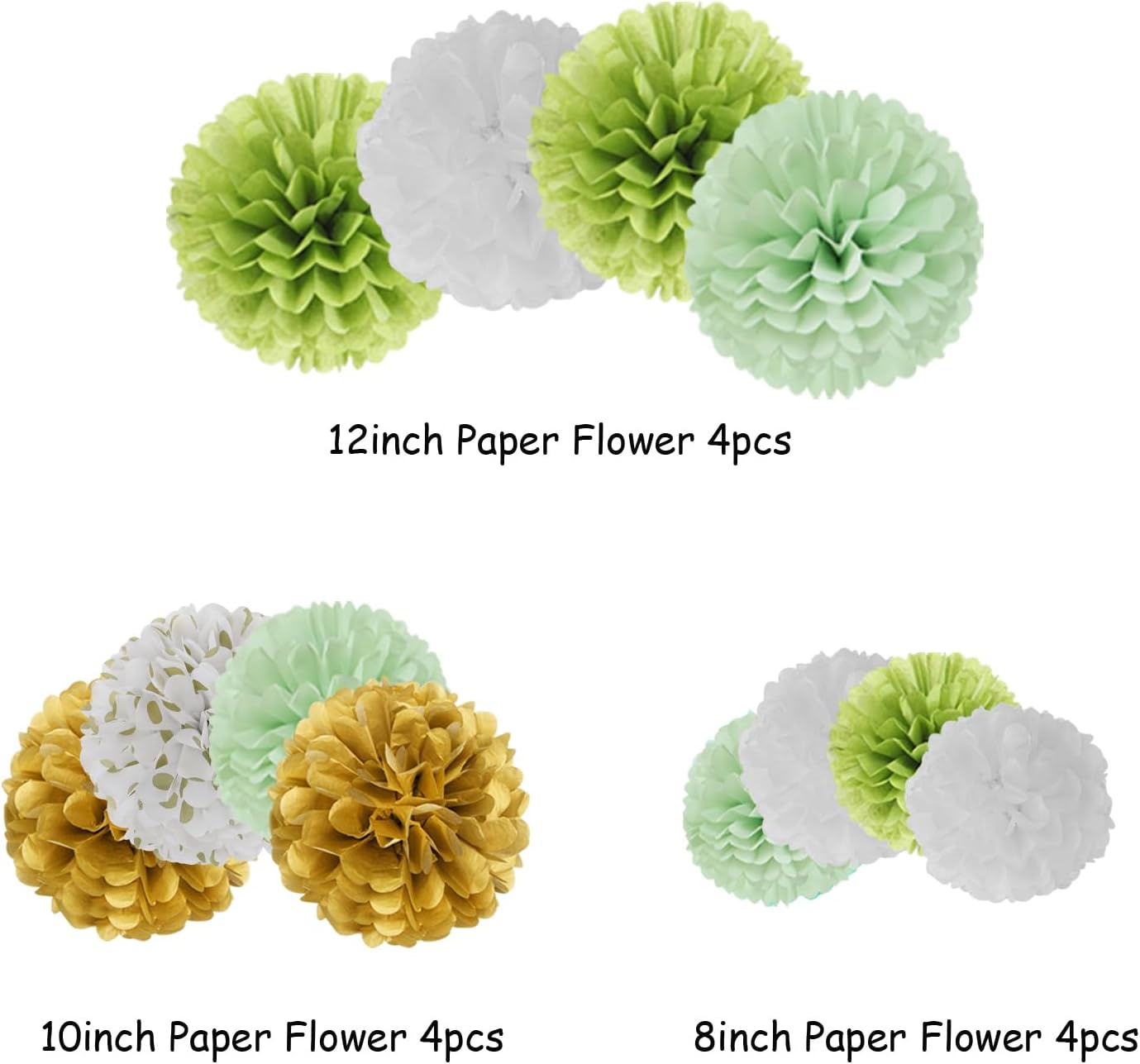 Sage Green Gold Tissue Pom-Poms - 12pcs Rustic Boho Decorations