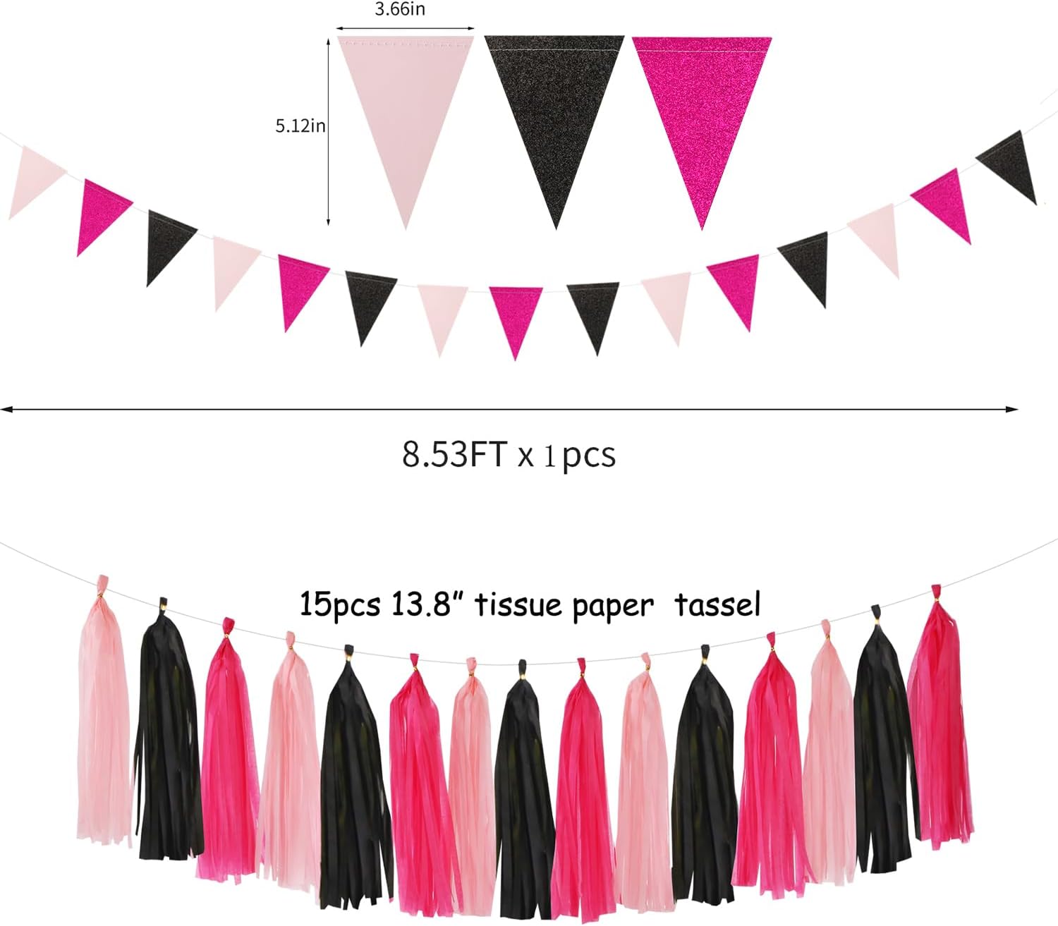Hot-Pink Black Party Decorations Paper Flowers Streamers 23pcs
