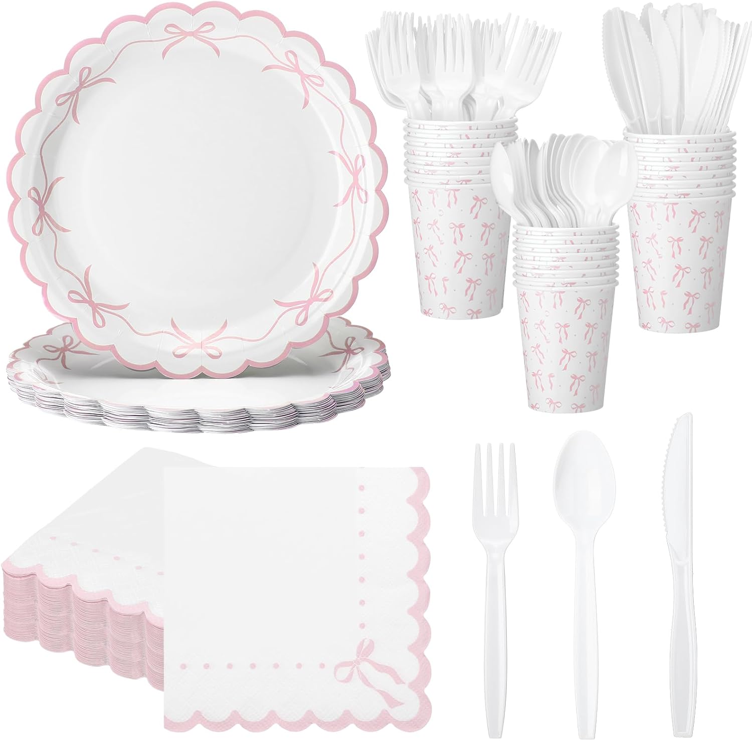Sieral 144 Pcs Pink Bow Party Supplies Set
