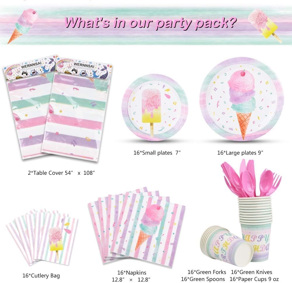 Ice Cream Party Supplies Set for 16 Guests