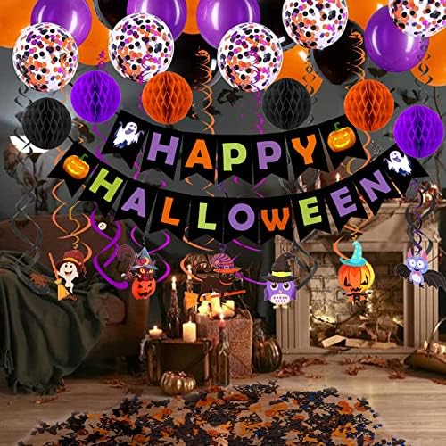 FECEDY Halloween Decorations Banner Paper Honeycomb Balls Swirl Streamers Balloons