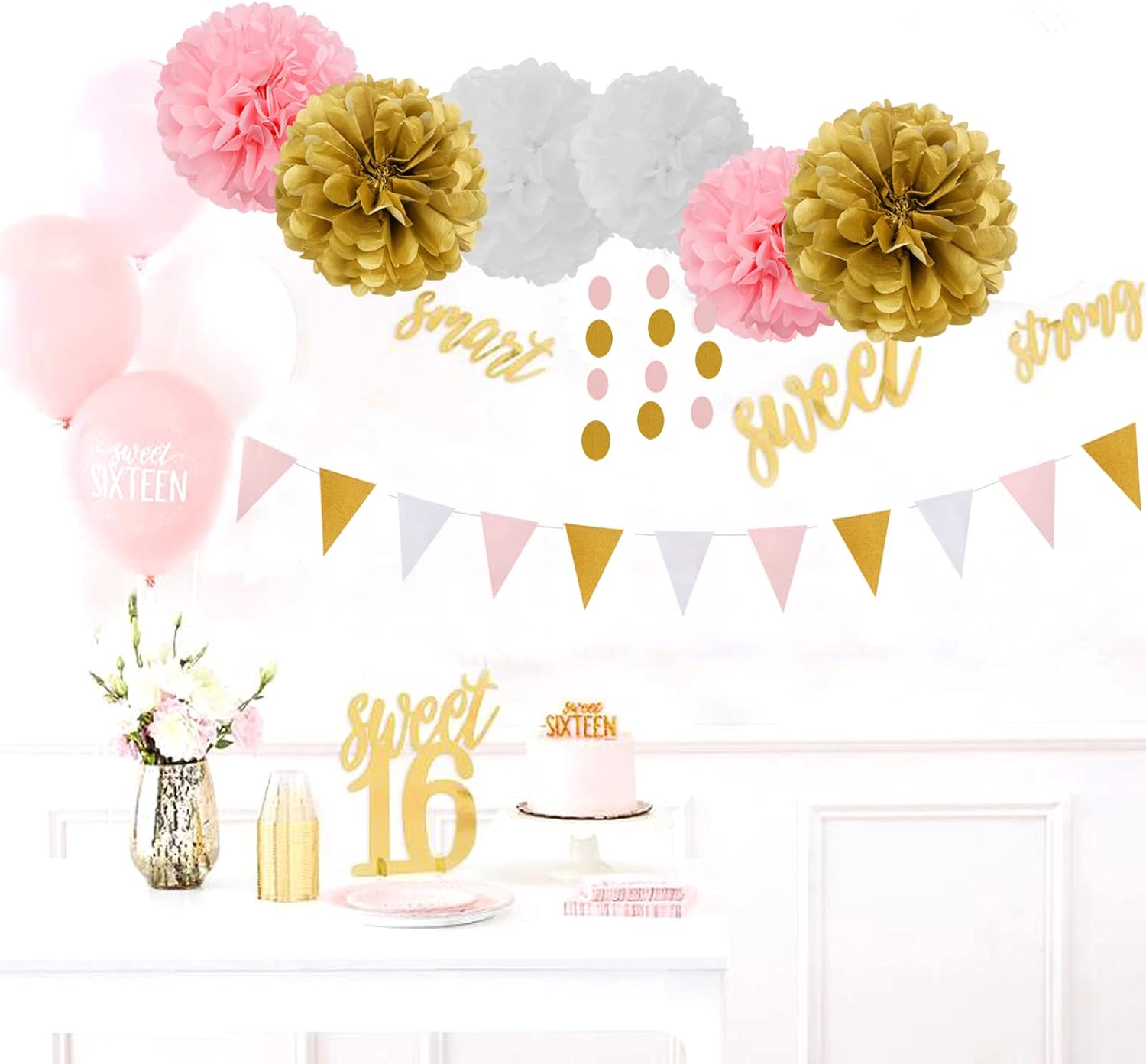 Pink White Gold Girl Birthday Decor Kit 23pcs