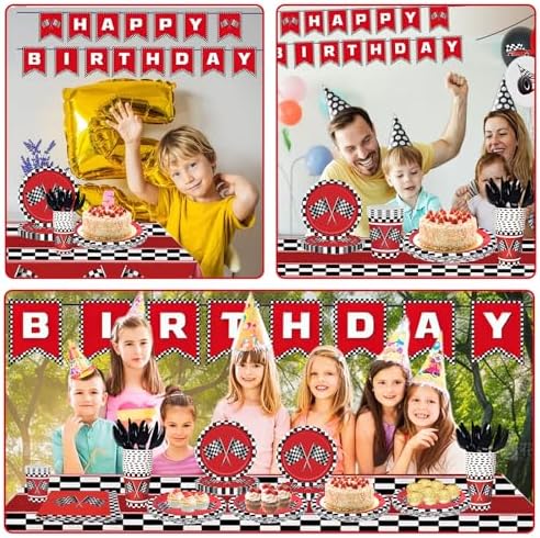 Racing Birthday Party Supplies for Kids Red Black Checkered Tableware Set