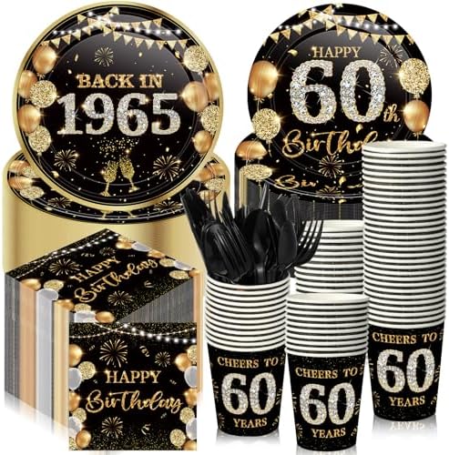 240 Pcs 60th Birthday Party Tableware Set Black Gold