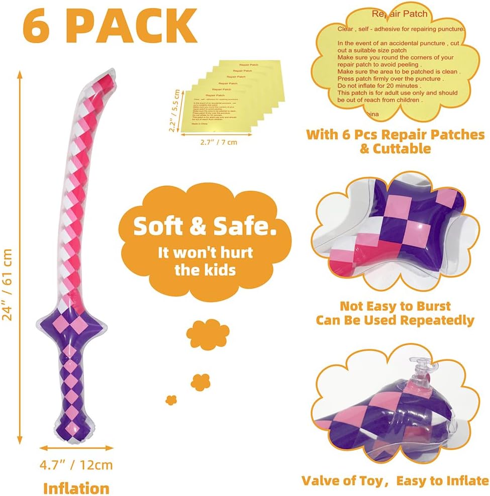 6 Pack Inflatable Pixel Swords Pirate Party Favors