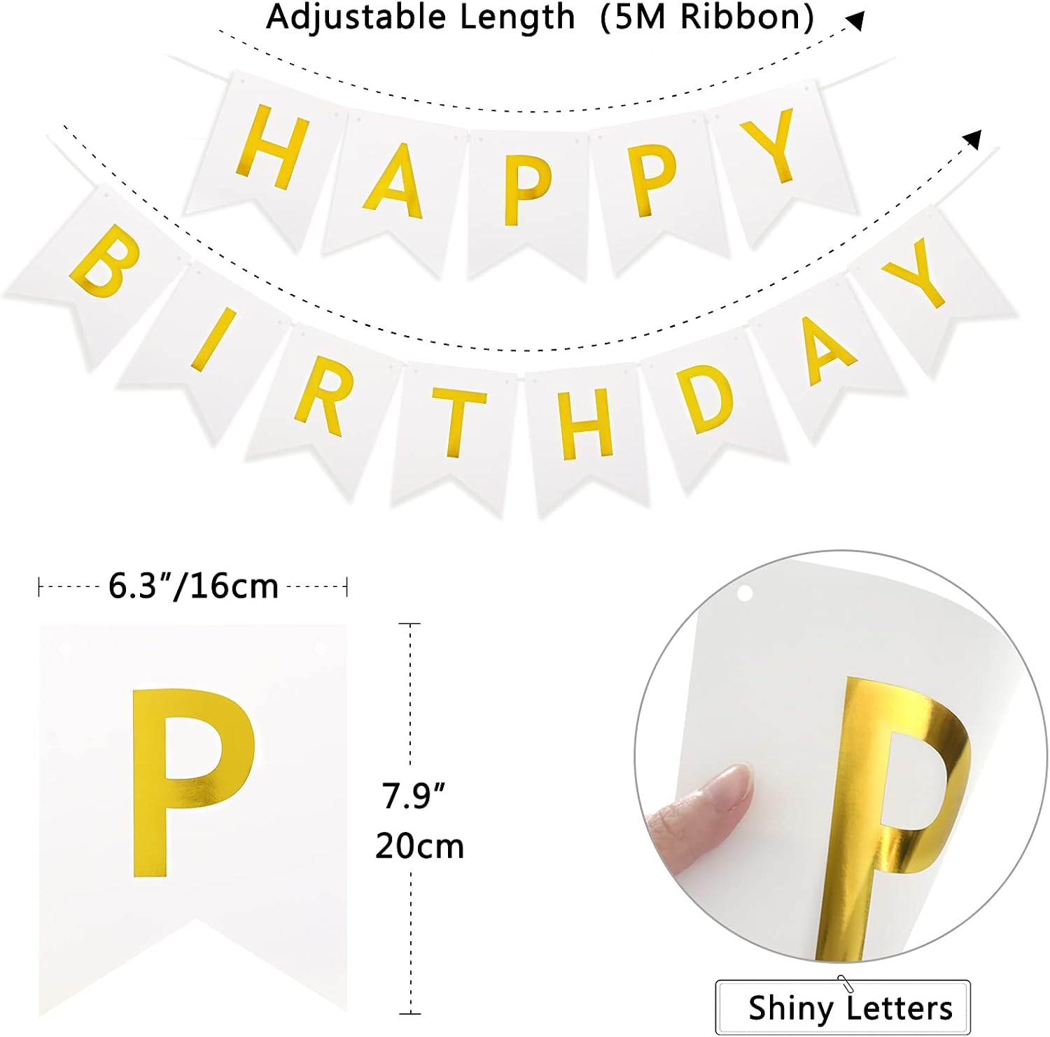 Happy Birthday Banner Bunting Set White Gold Balloons Confetti Decorations