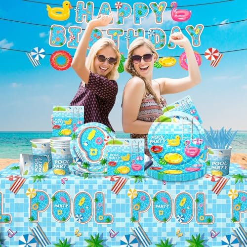 Guzbewu Pool Party Plates Napkins Set 142PCS Summer Decorations