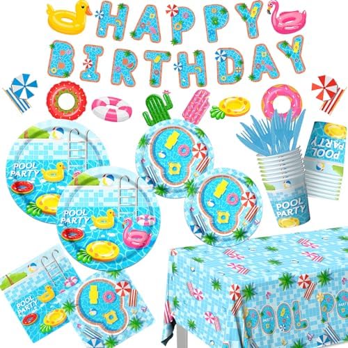 Guzbewu Pool Party Plates Napkins Set 142PCS Summer Decorations