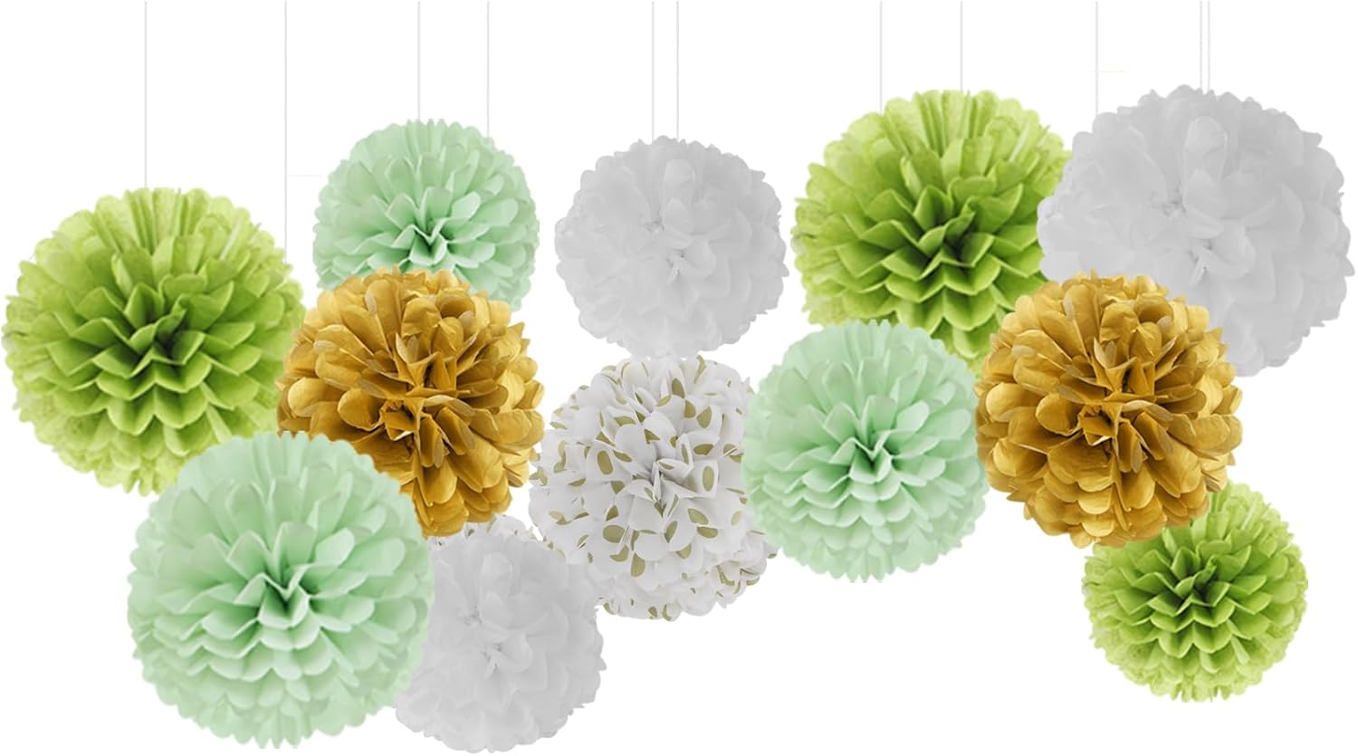 Sage Green Gold Tissue Pom-Poms - 12pcs Rustic Boho Decorations