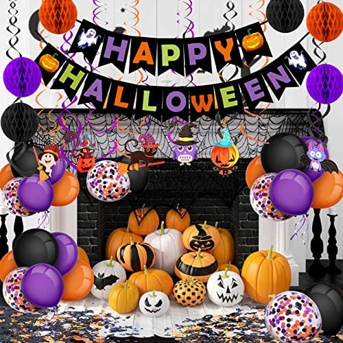 FECEDY Halloween Decorations Banner Paper Honeycomb Balls Swirl Streamers Balloons