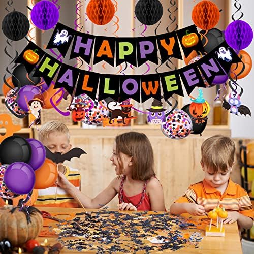 FECEDY Halloween Decorations Banner Paper Honeycomb Balls Swirl Streamers Balloons