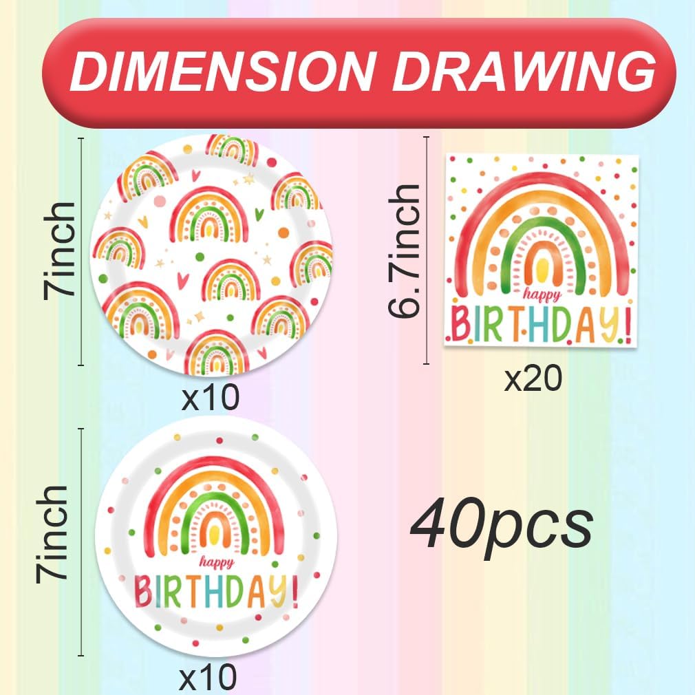 Rainbow Birthday Decorations 40Pcs Plates and Napkins