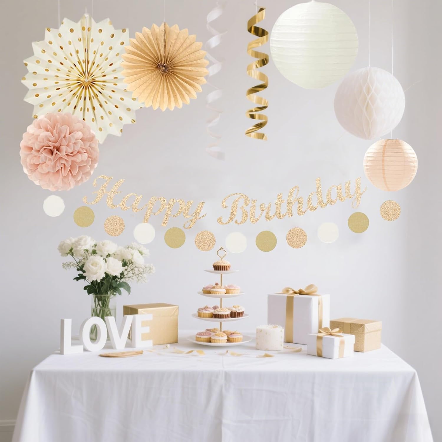 Champagne Gold Beige Birthday Decor Set