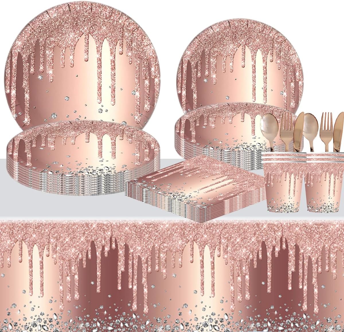 81Pcs Rose Gold Diamond Party Tableware Set
