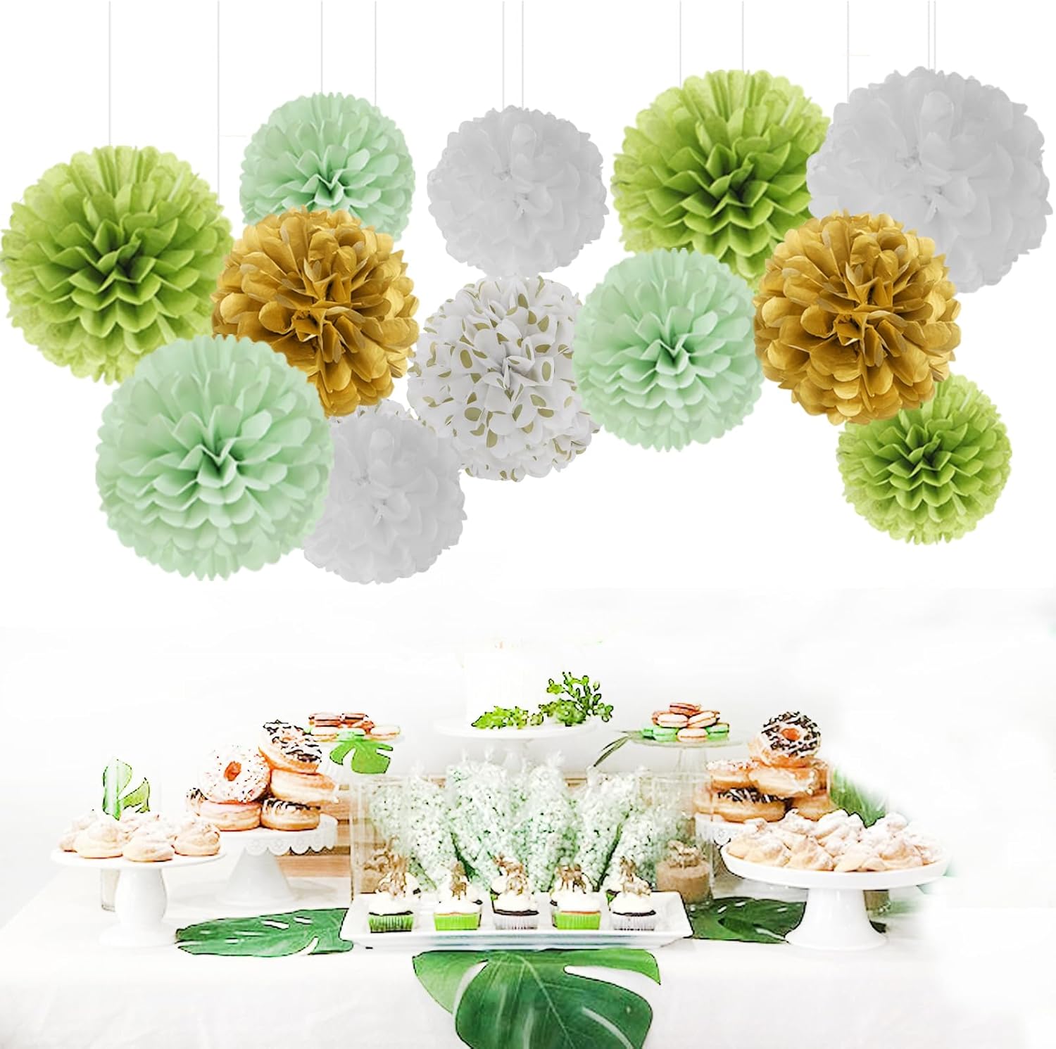 Sage Green Gold Tissue Pom-Poms - 12pcs Rustic Boho Decorations