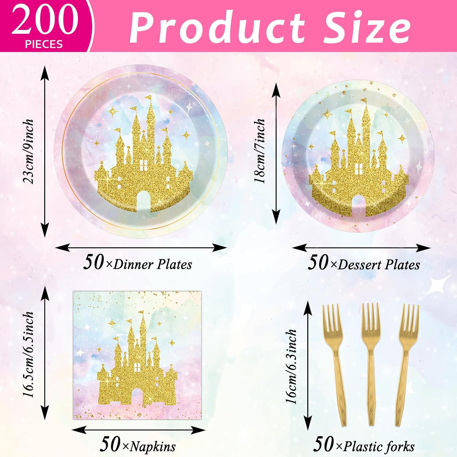 200Pcs Princess Castle Party Plates Napkins Forks Set for 50 Guests