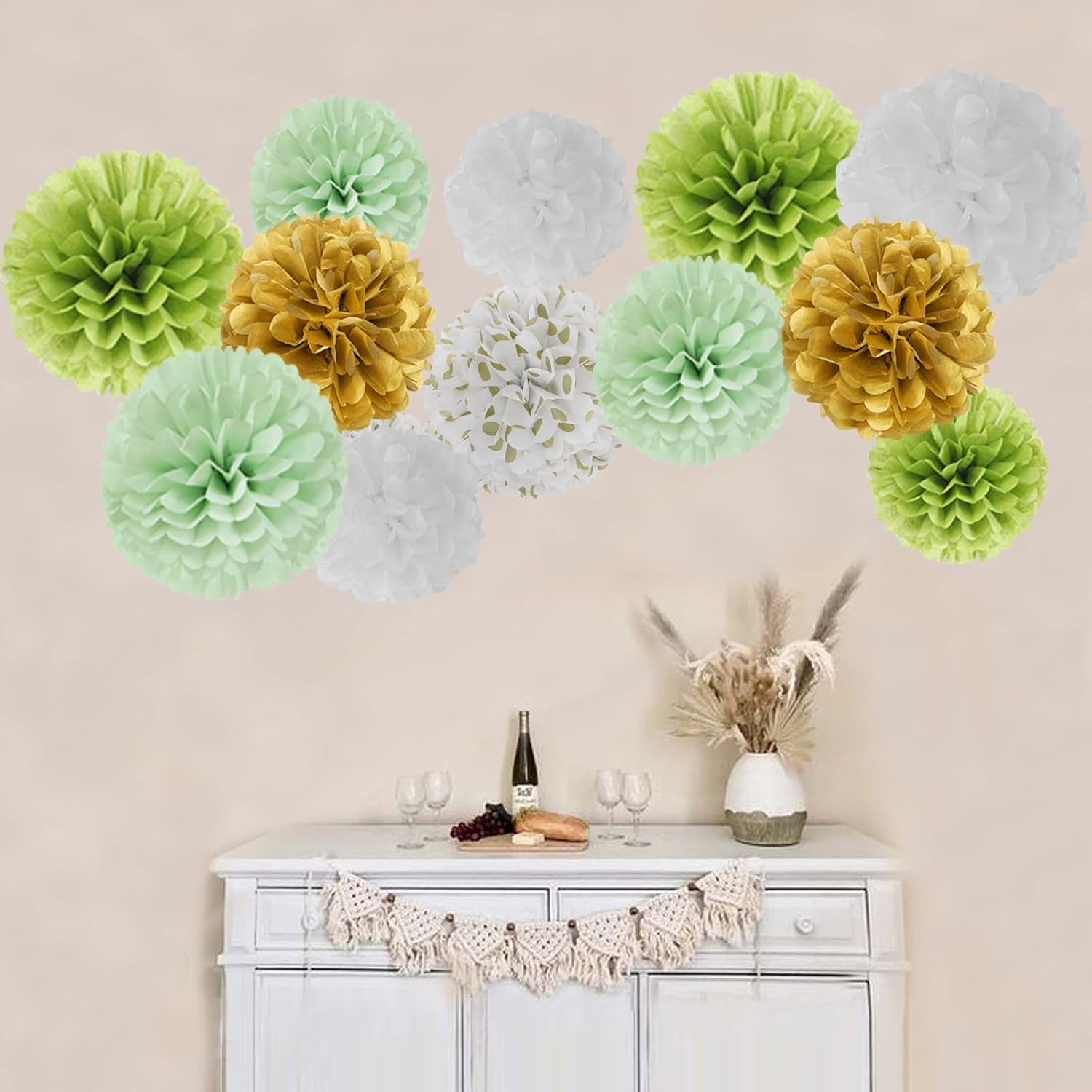 Sage Green Gold Tissue Pom-Poms - 12pcs Rustic Boho Decorations