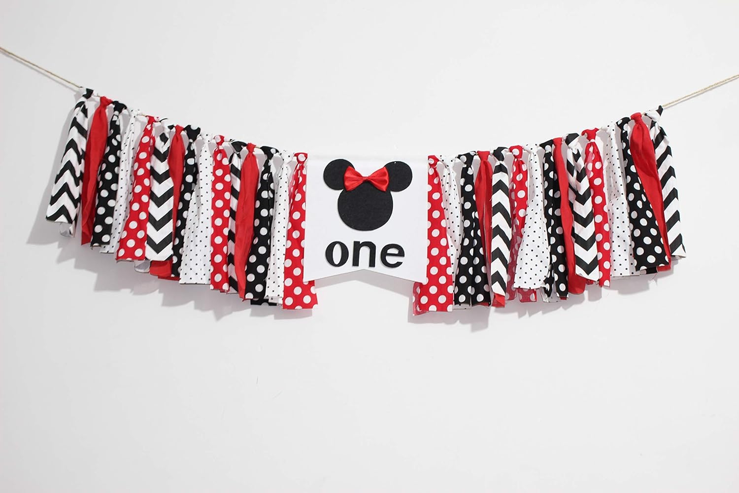 Red and Black Minnie Bow First Birthday Banner