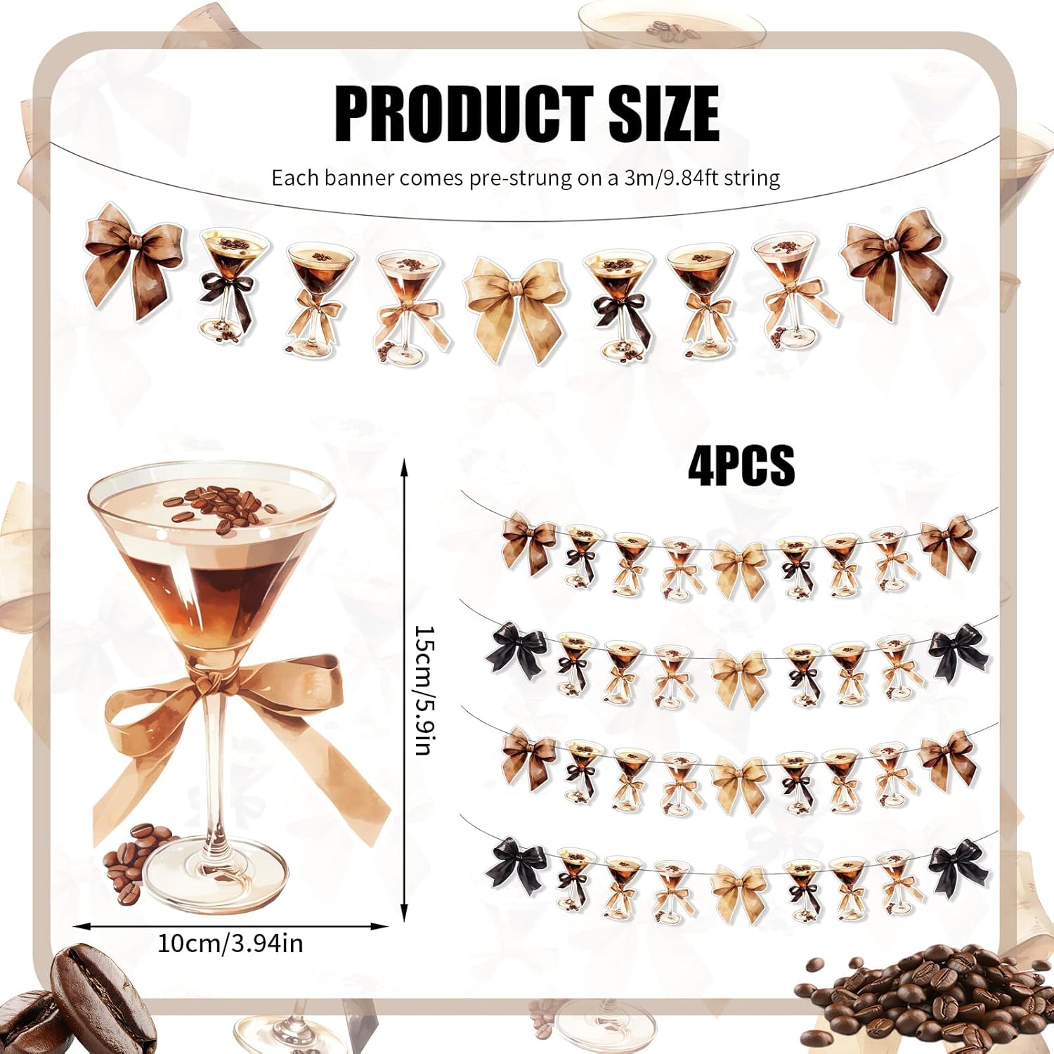 4pcs Bow Martini Party Banner Garland for Espresso Cocktail Theme