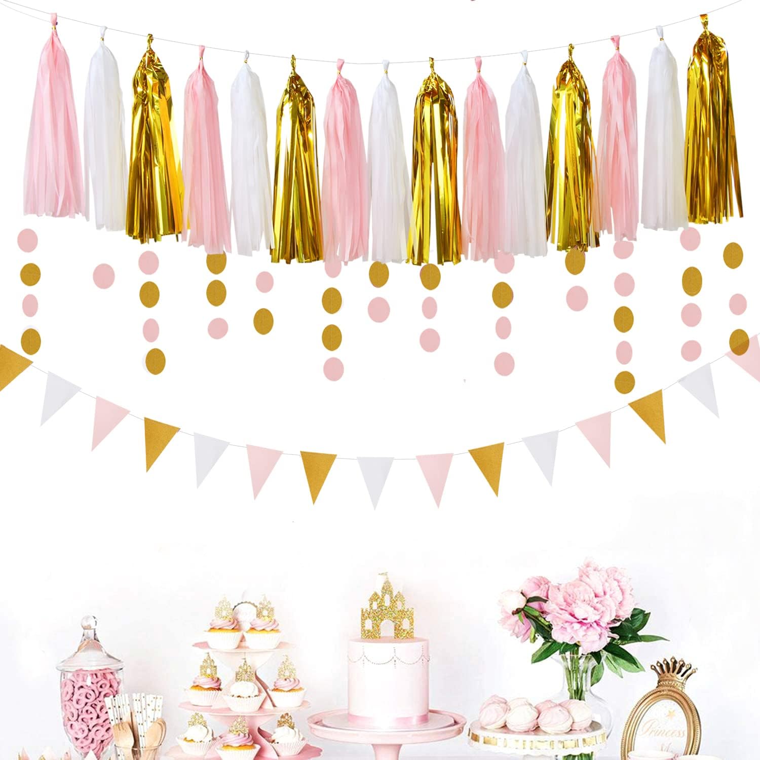 Pink White Gold Girl Birthday Decor Kit 23pcs