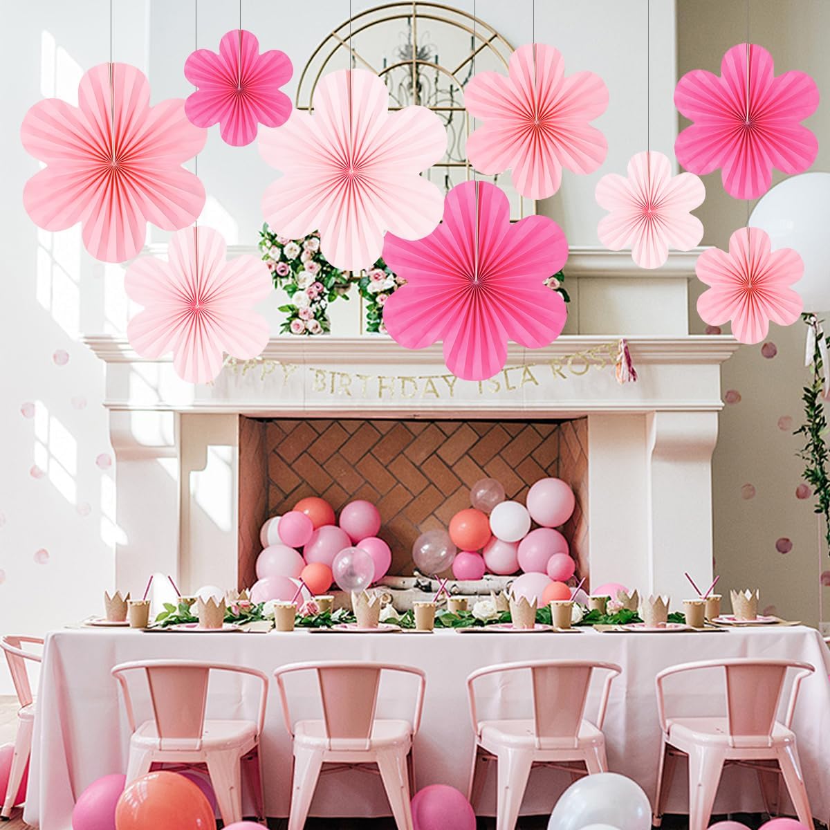 DODOKIM Pink Paper Fans Wall Decor Pack of 9