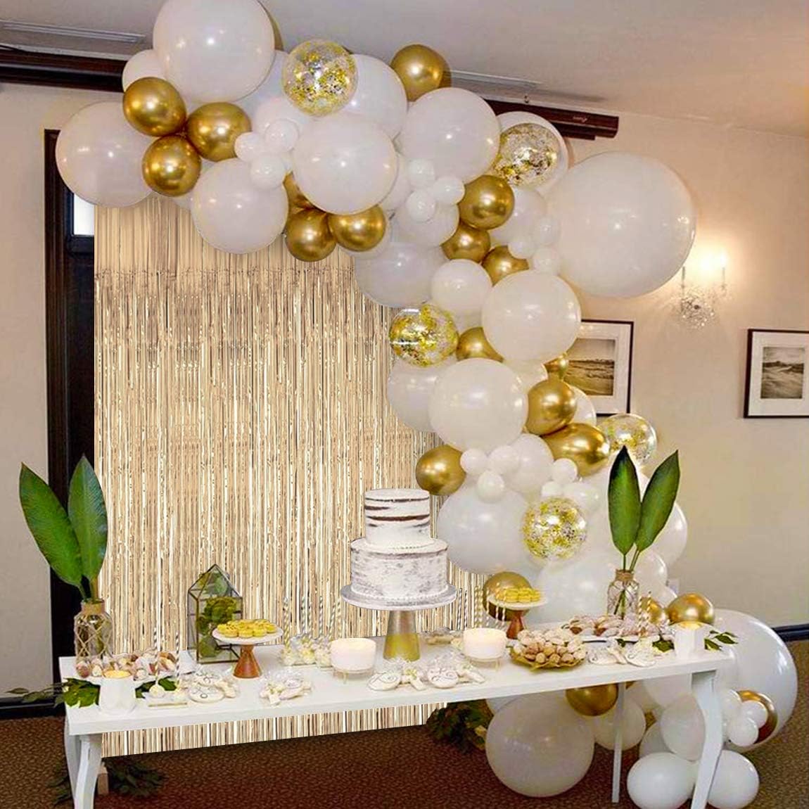 JOYYPOP White Gold Balloon Garland Kit with Tinsel Curtain