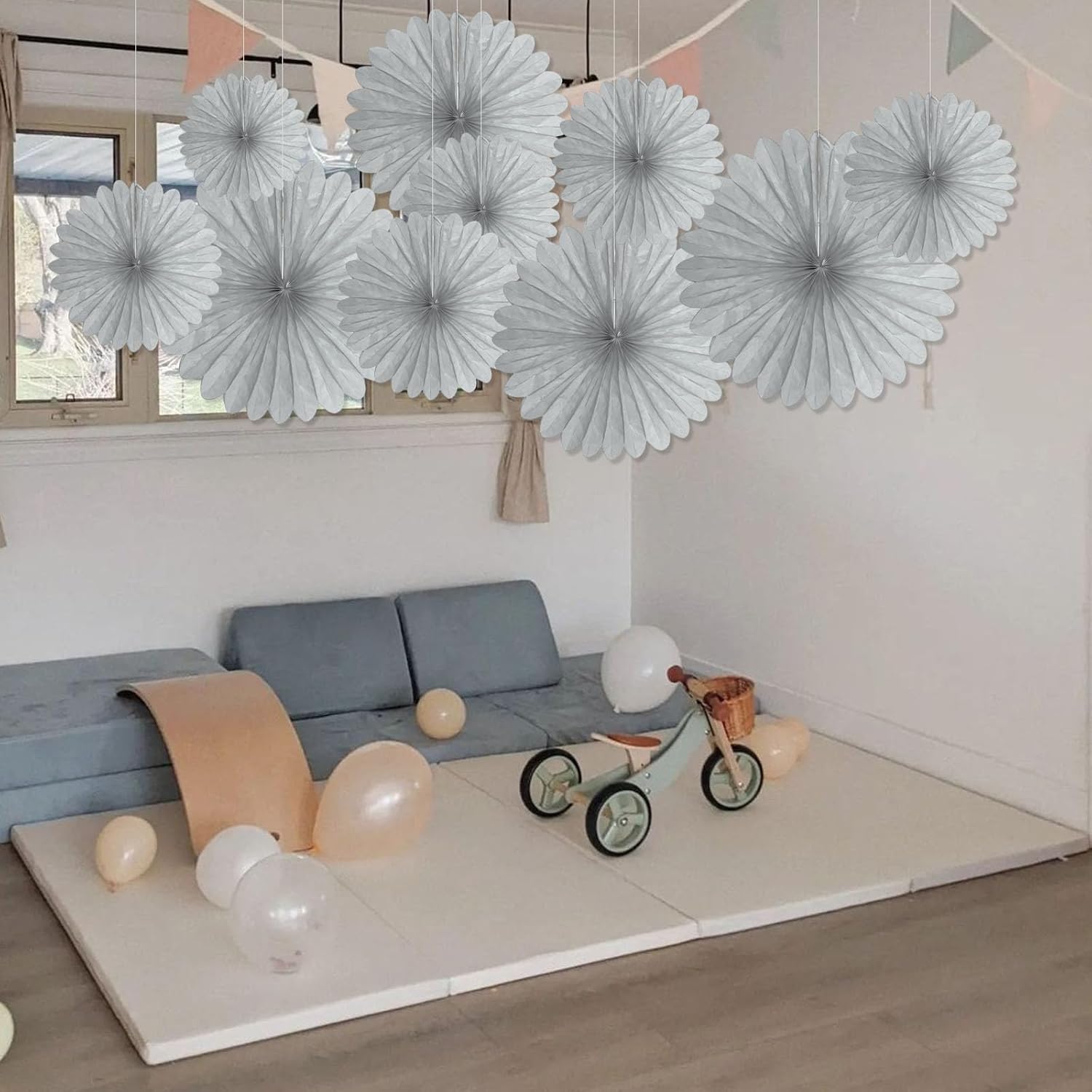 20 Pcs Silver Grey Hanging Paper Fans for Events