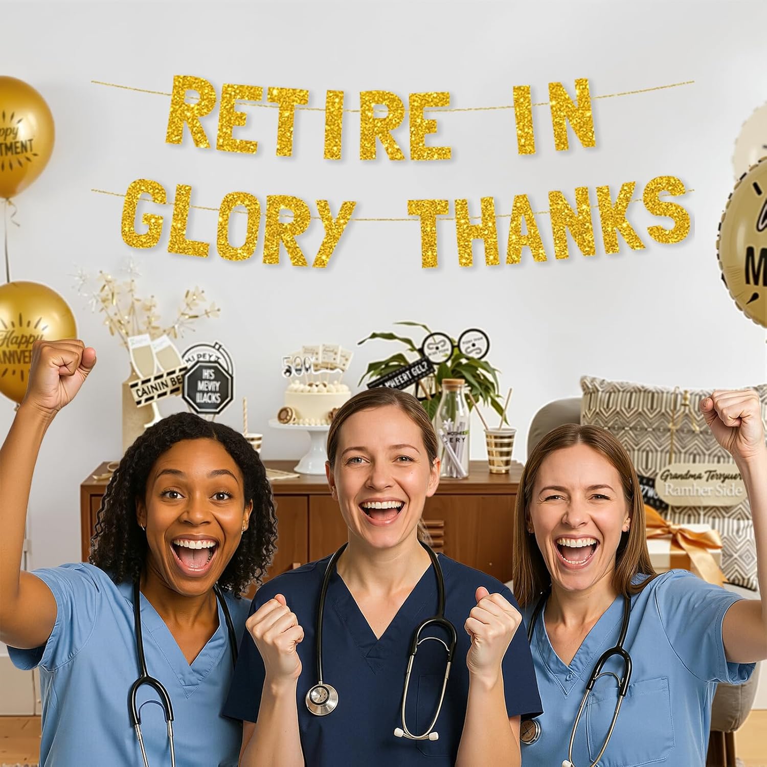Meowoo Retirement Party Banner with Gold Glitter