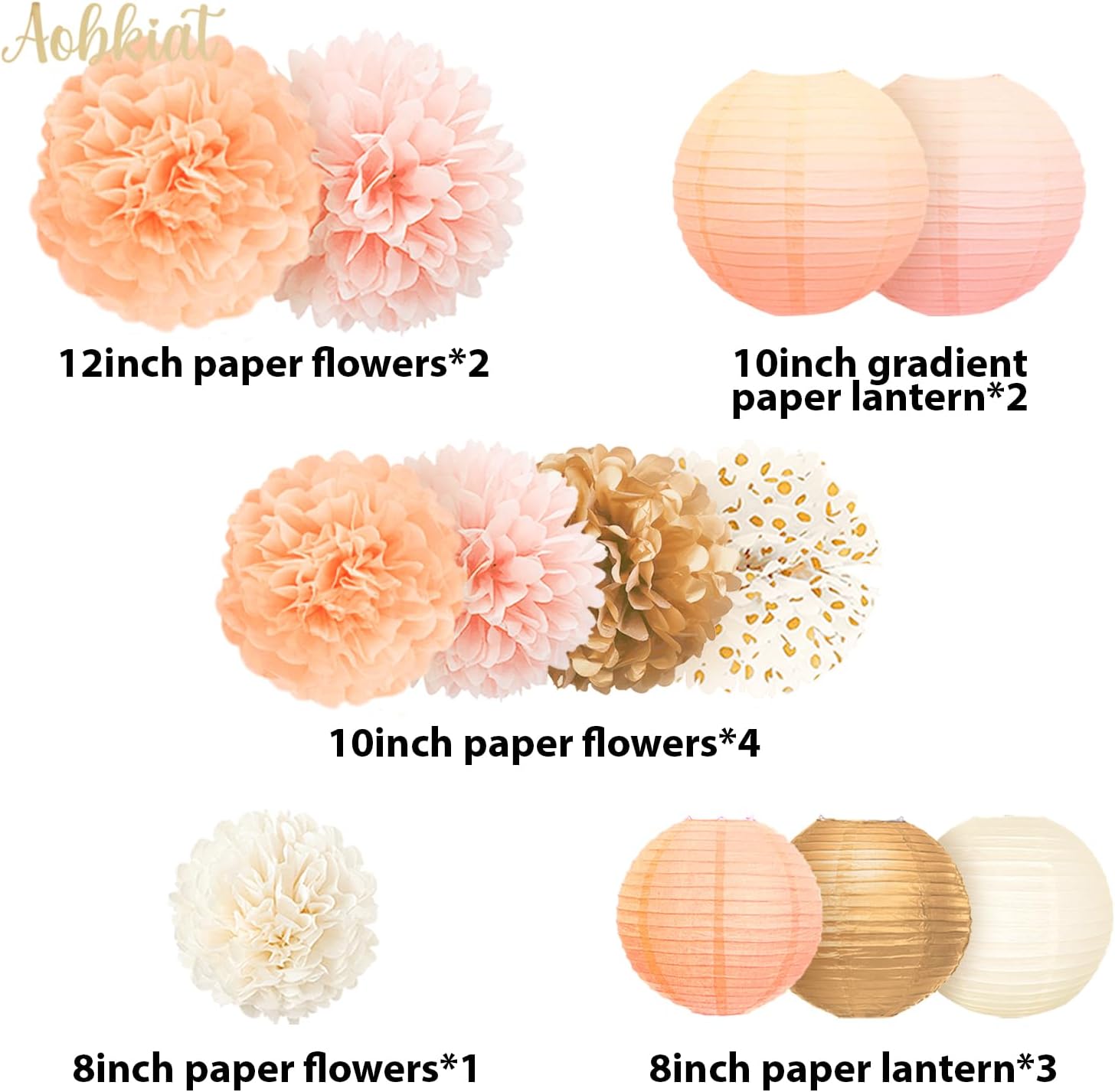 AOBKIAT 12PCS Pink Gold Peach Tissue Paper Pom Poms and Lanterns