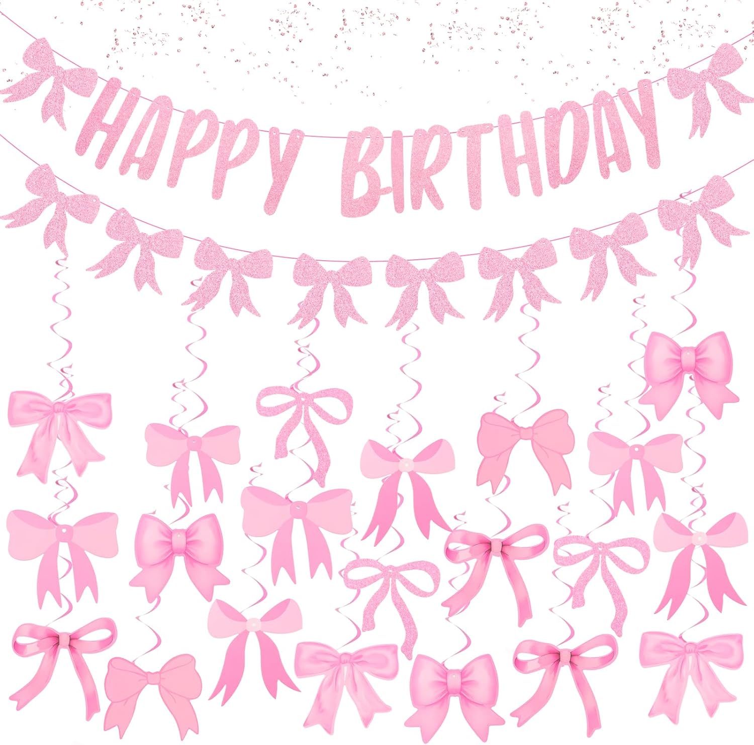 Pink Happy Birthday Bow Banner with 21 Spiral Bows