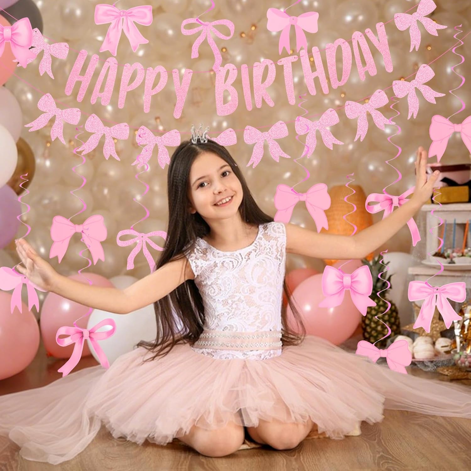 Pink Happy Birthday Bow Banner with 21 Spiral Bows