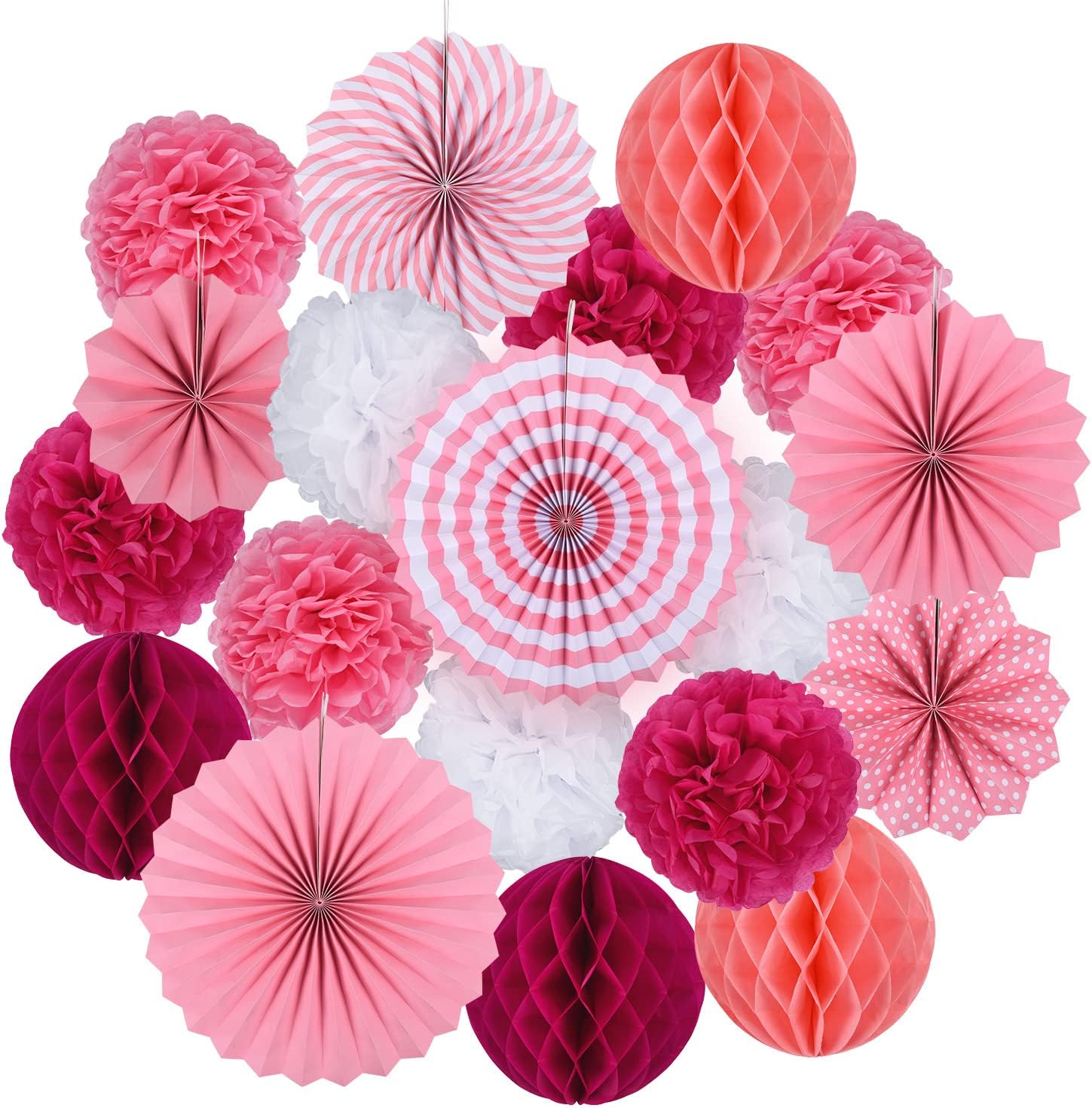 Koboome Party Hanging Paper Fan Set with Pom Poms Flowers Pink