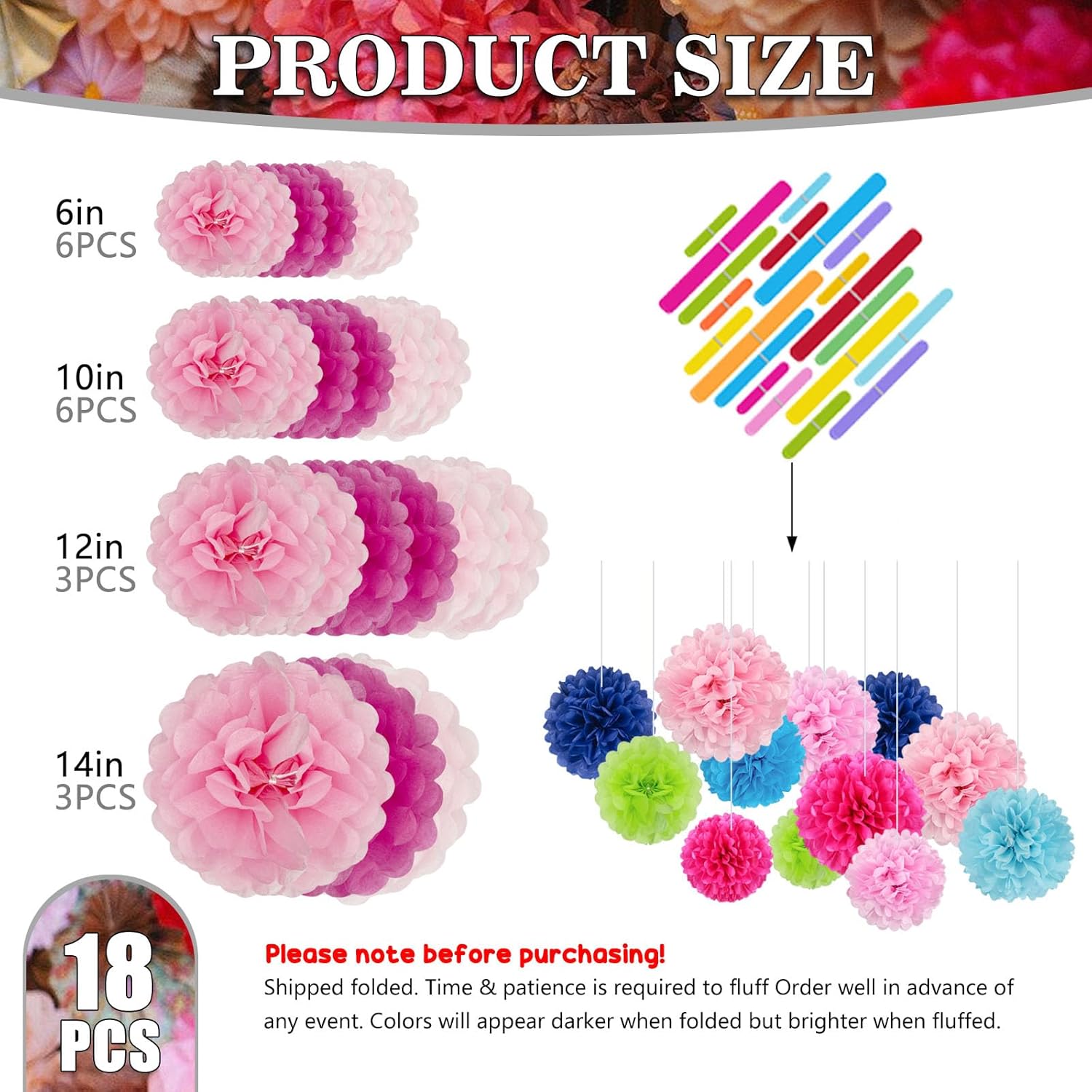 Tissue Paper Pom Poms 18 Piece Set Pink Flowers Decorations
