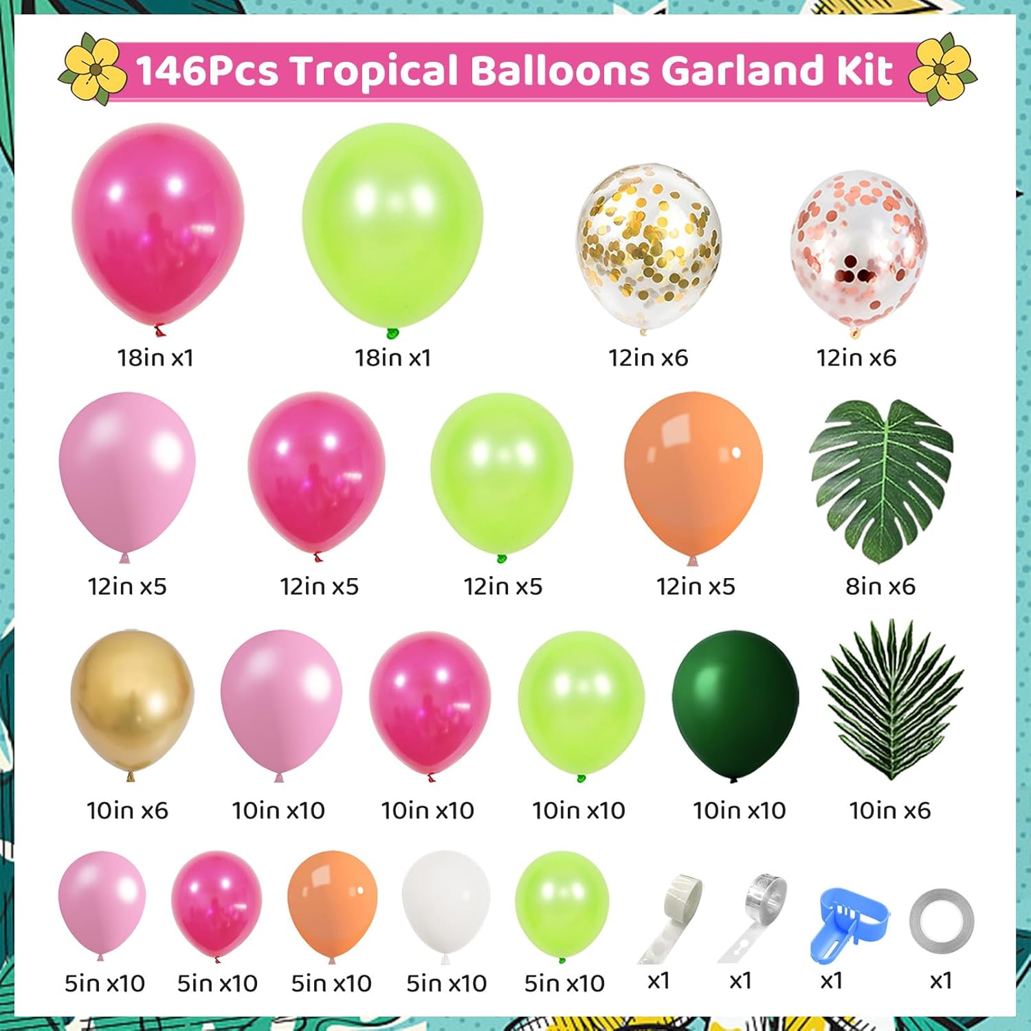 146Pcs Tropical Balloons Garland Arch Kit