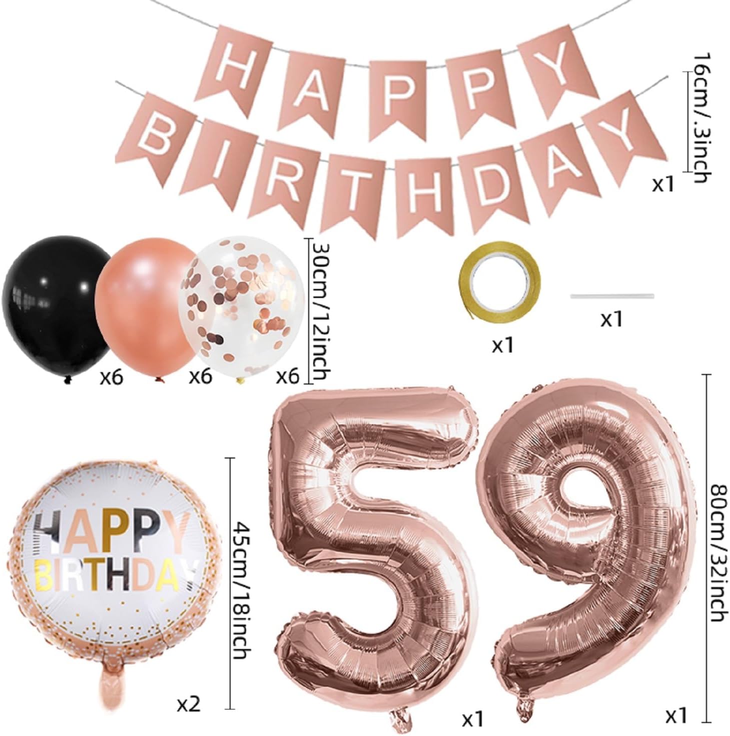 Rose Gold 59th Birthday Foil Balloons Decorations