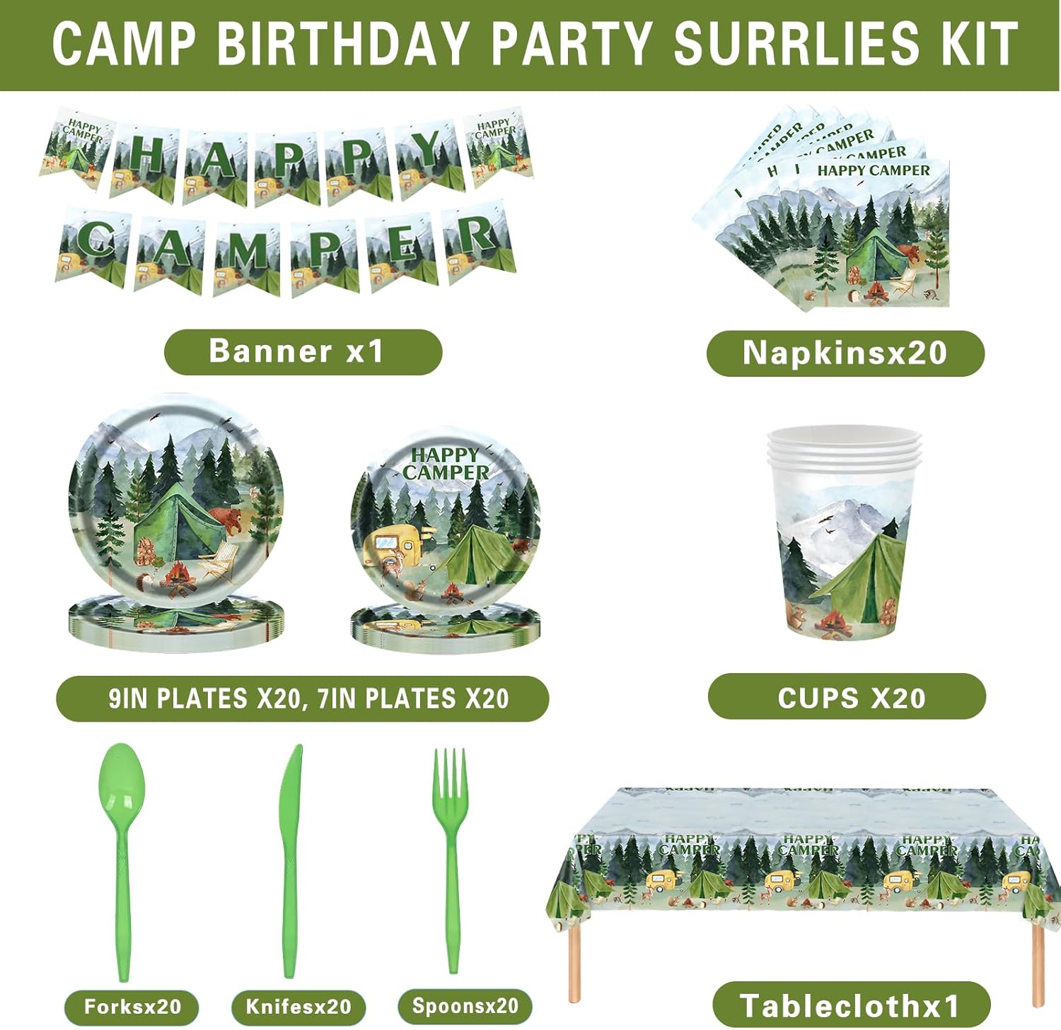 Nicime Happy Camper Party Supplies Set