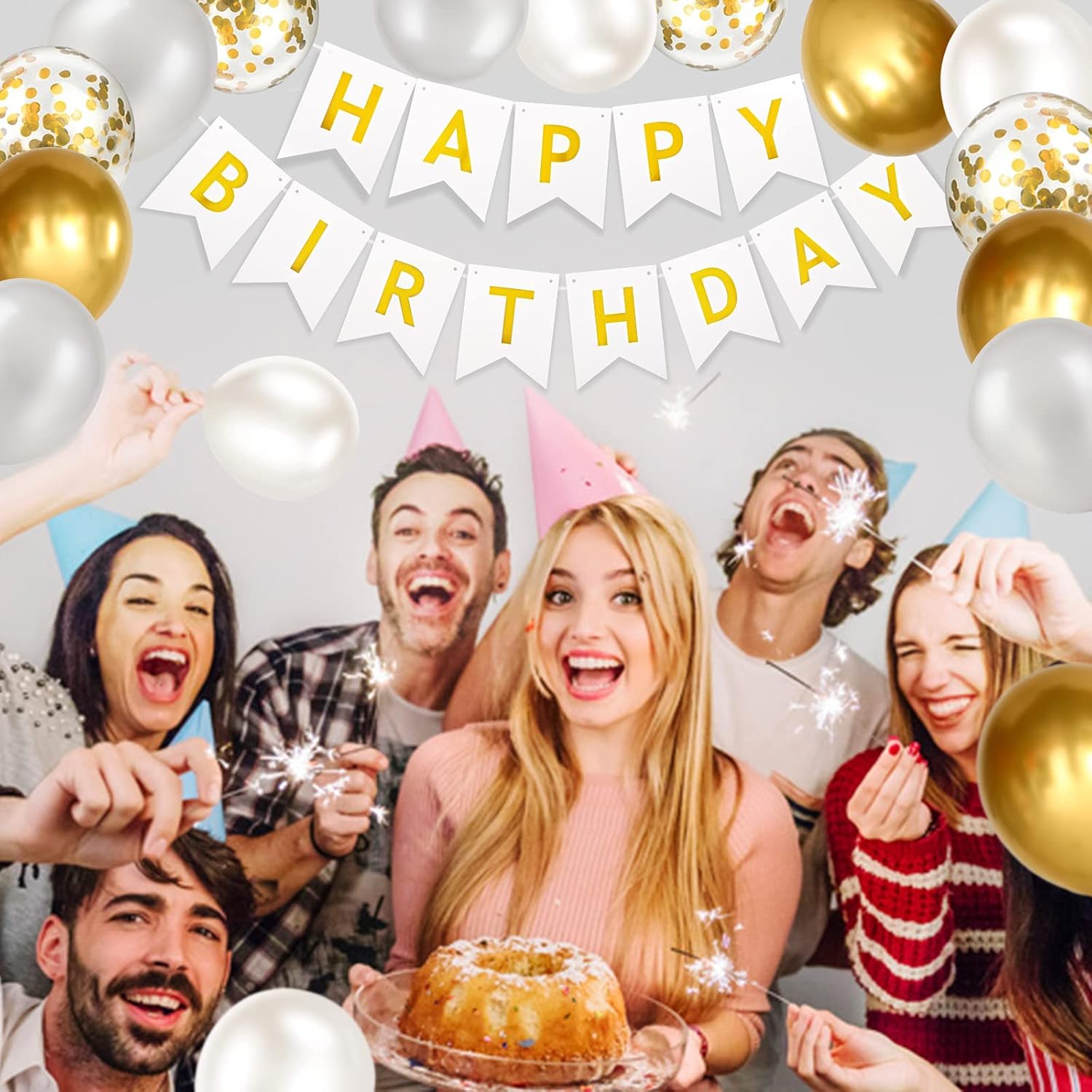 Happy Birthday Banner Bunting Set White Gold Balloons Confetti Decorations