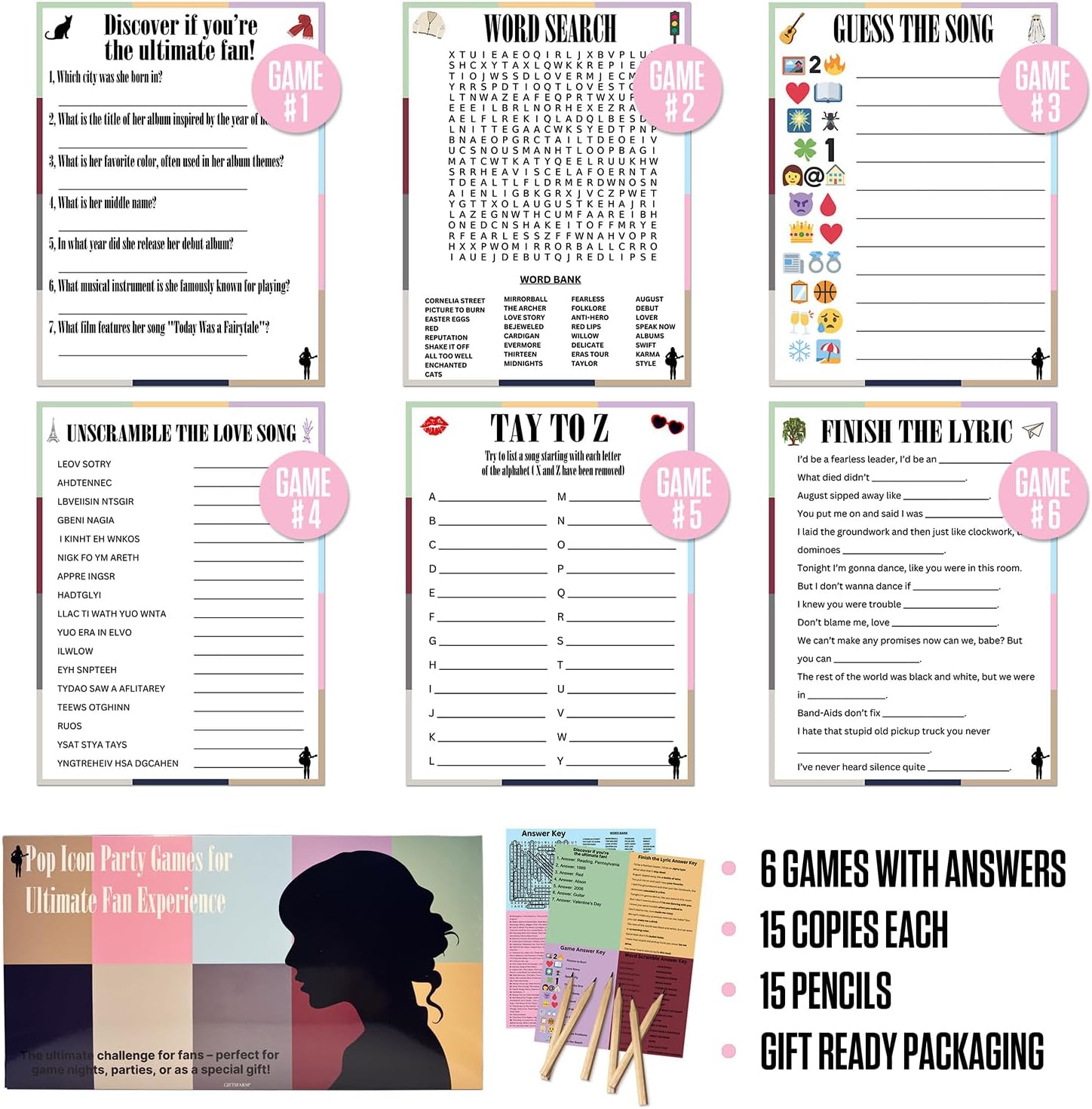 Taylor Birthday Party Favor Set with 15 Games and Pencils