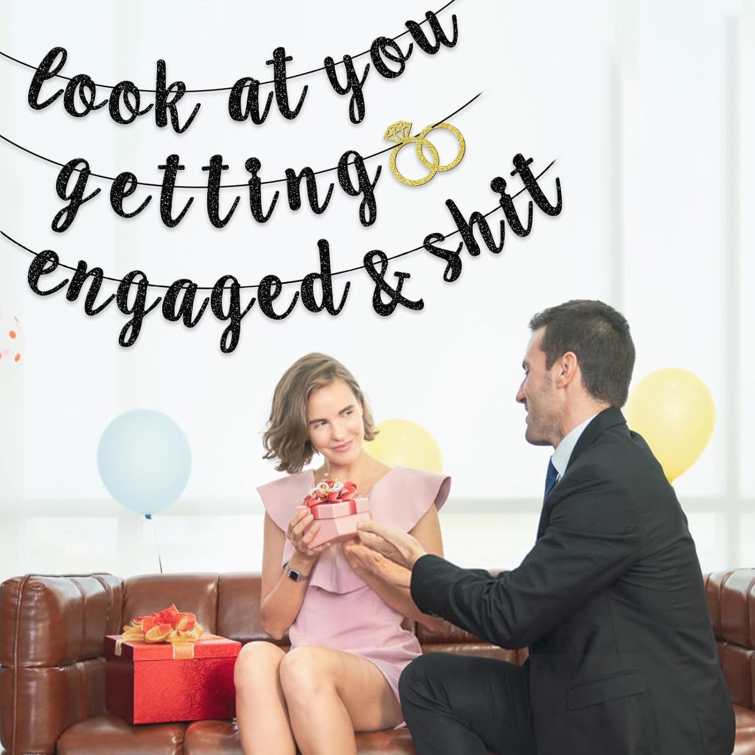 Funny Engaged Banner with Black Glitter