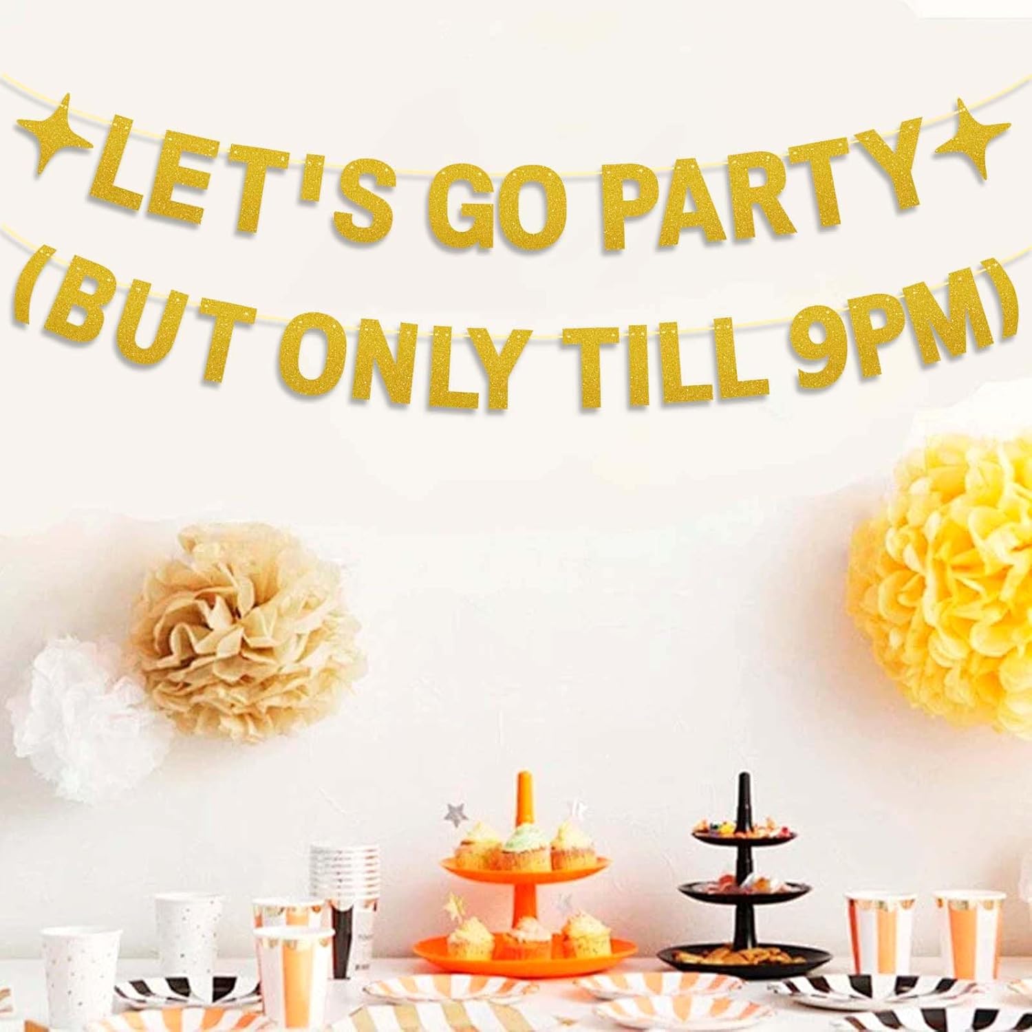 Happy Birthday Banner for Men Women Gold LETS GO PARTY Sign