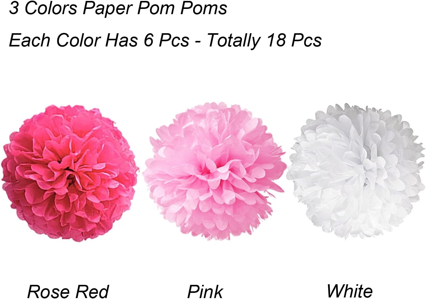 Tissue Paper Pom Poms 18 Pcs Rose Red Pink and White