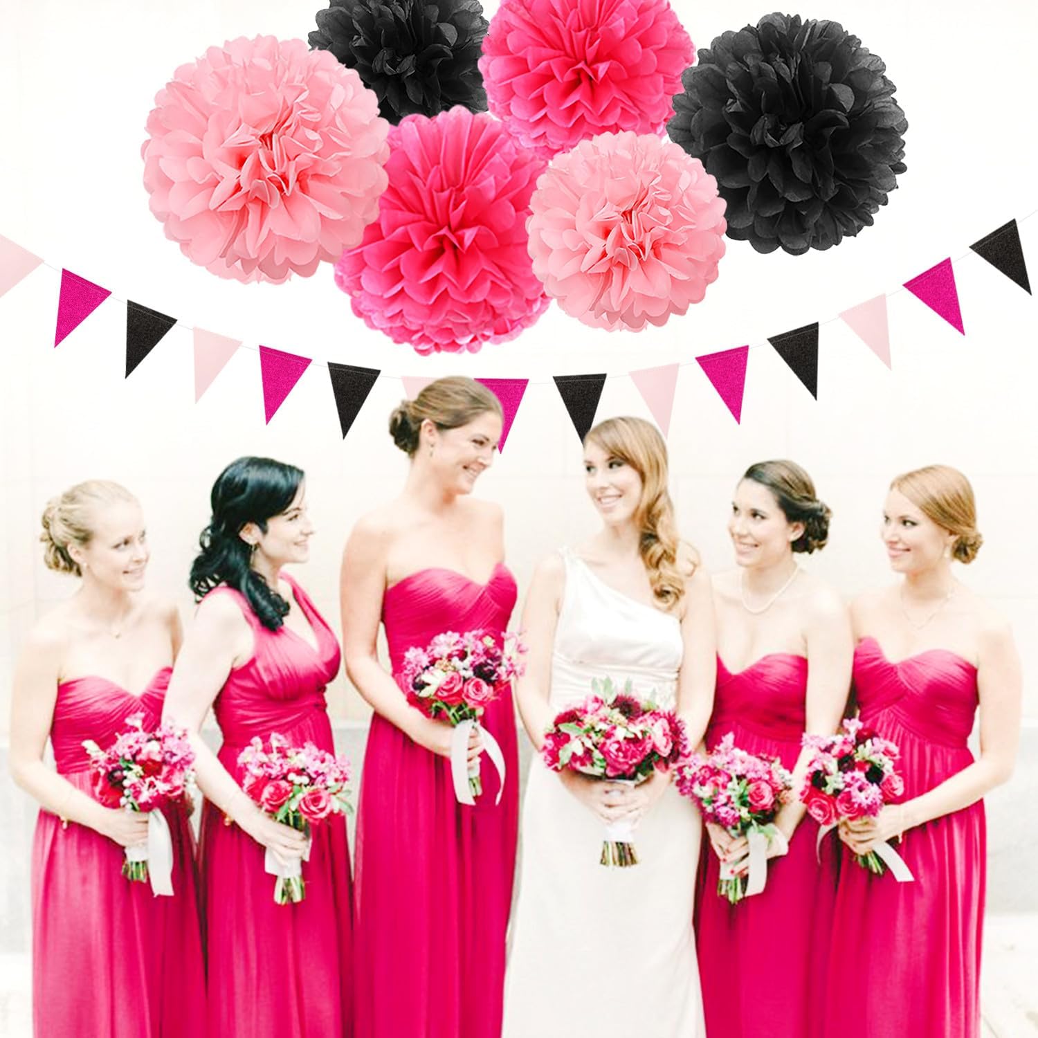Hot-Pink Black Party Decorations Paper Flowers Streamers 23pcs
