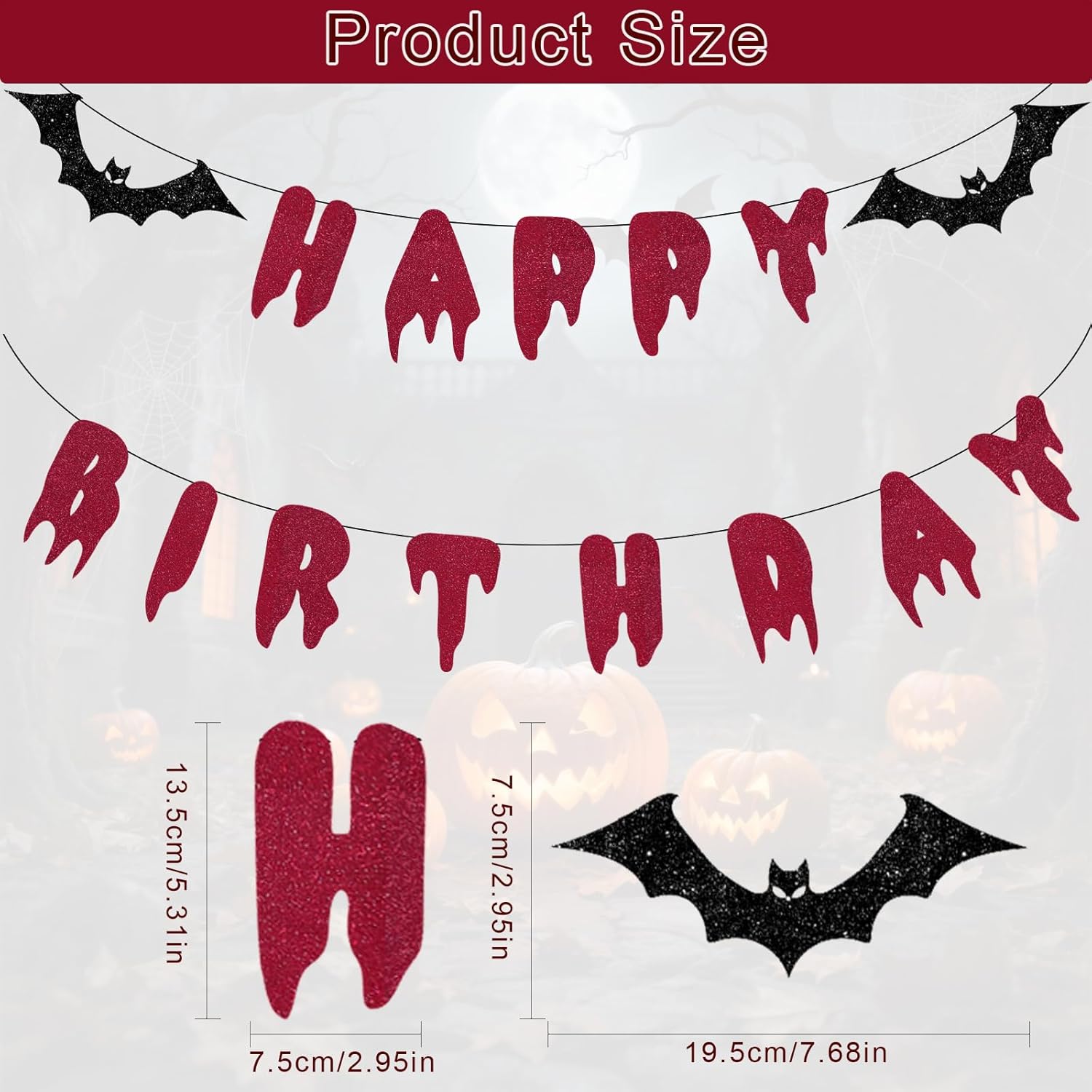 Halloween Happy Birthday Banner - Red Glitter Bloody Bat Decor