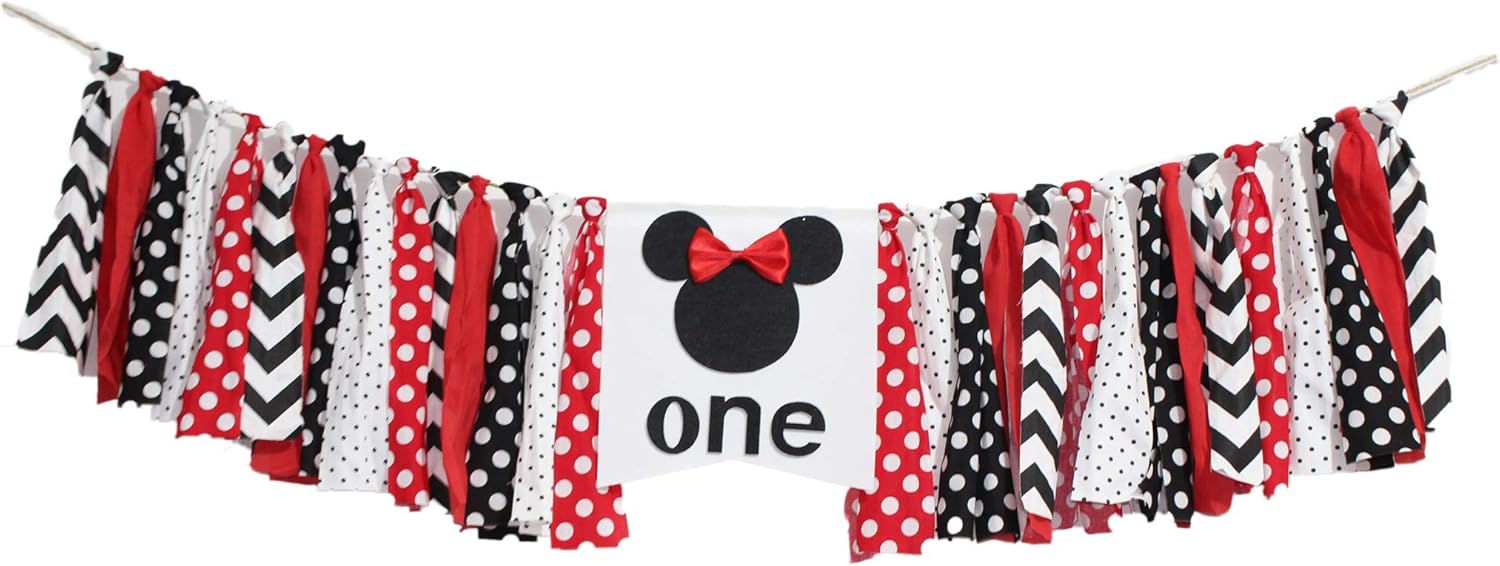 Red and Black Minnie Bow First Birthday Banner