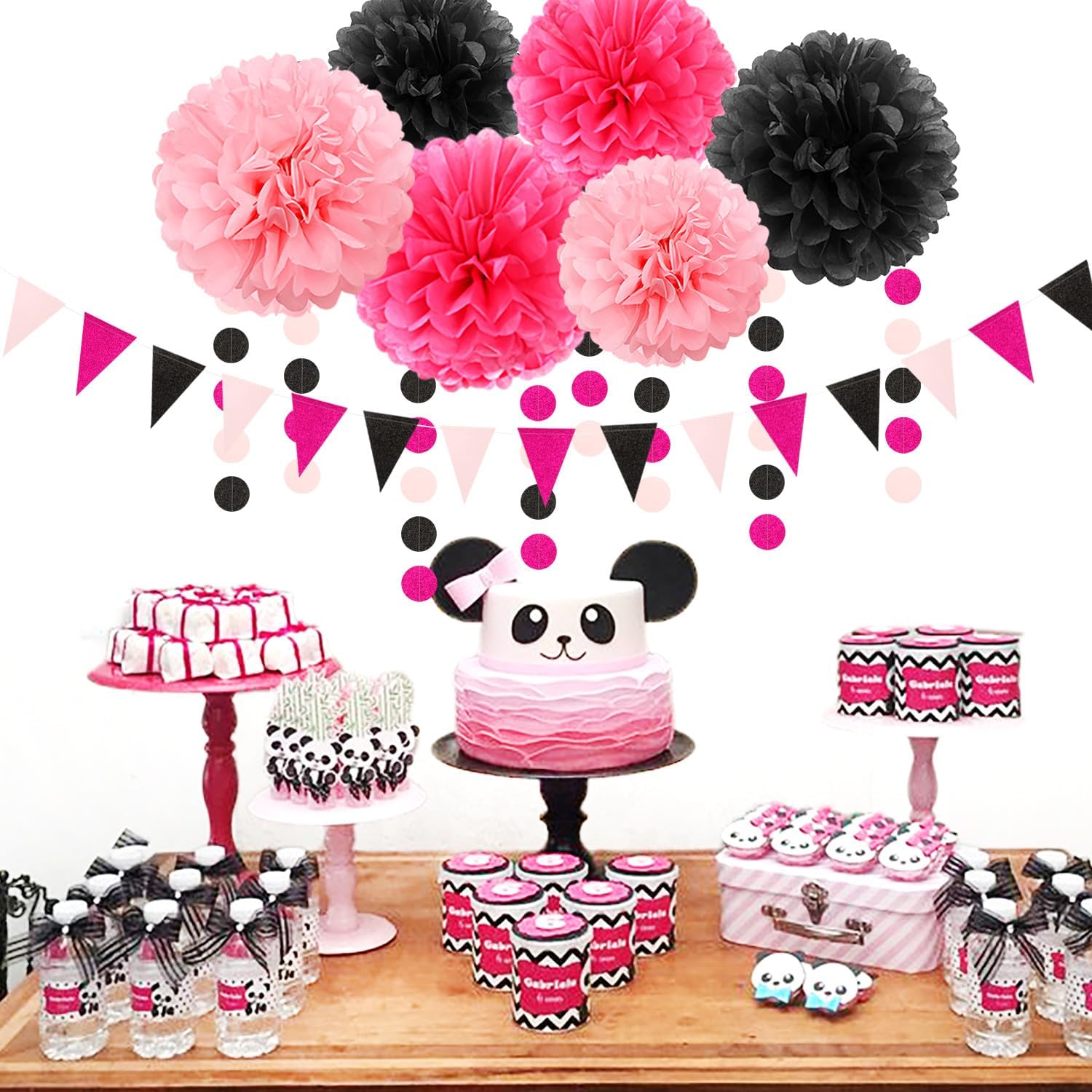 Hot-Pink Black Party Decorations Paper Flowers Streamers 23pcs
