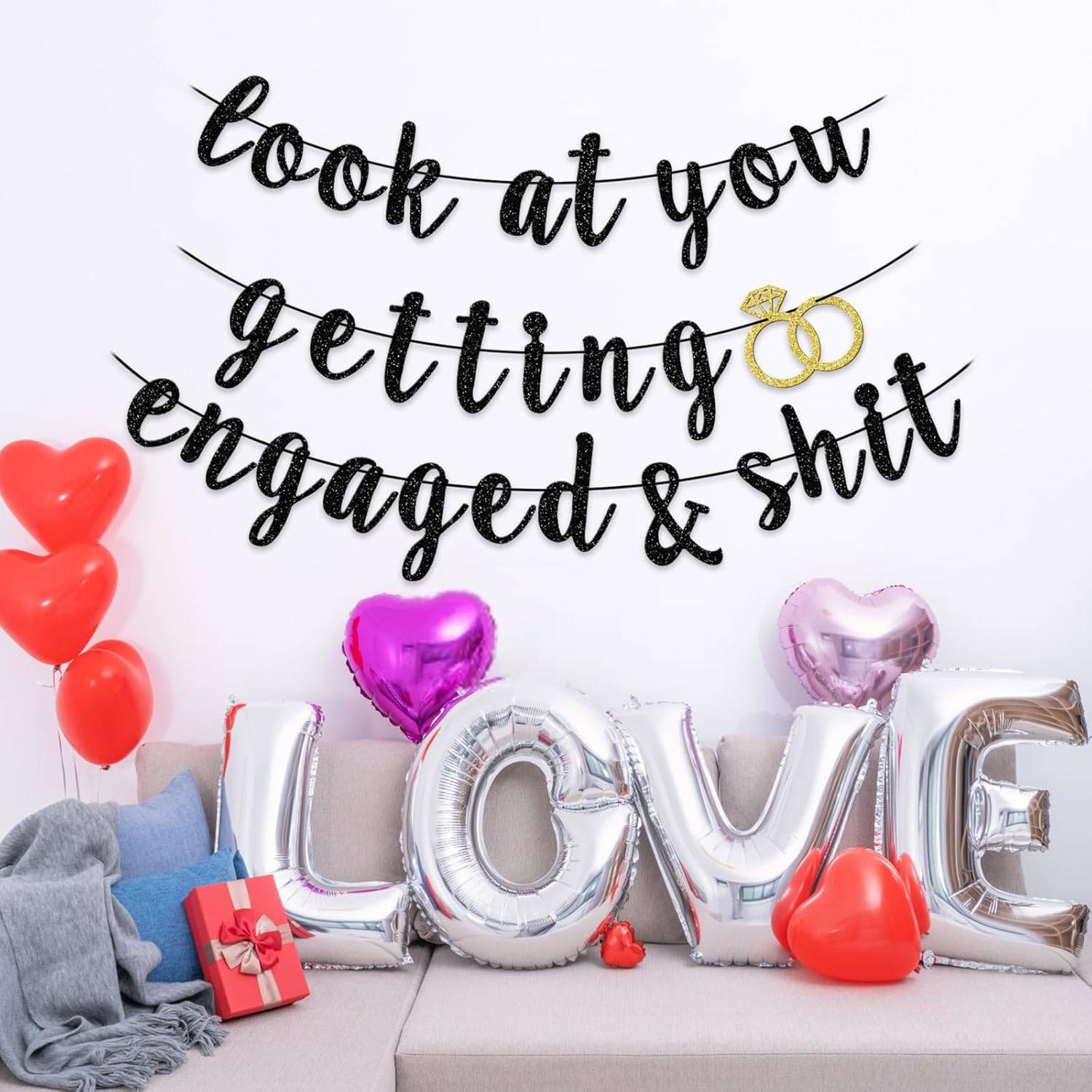 Funny Engaged Banner with Black Glitter