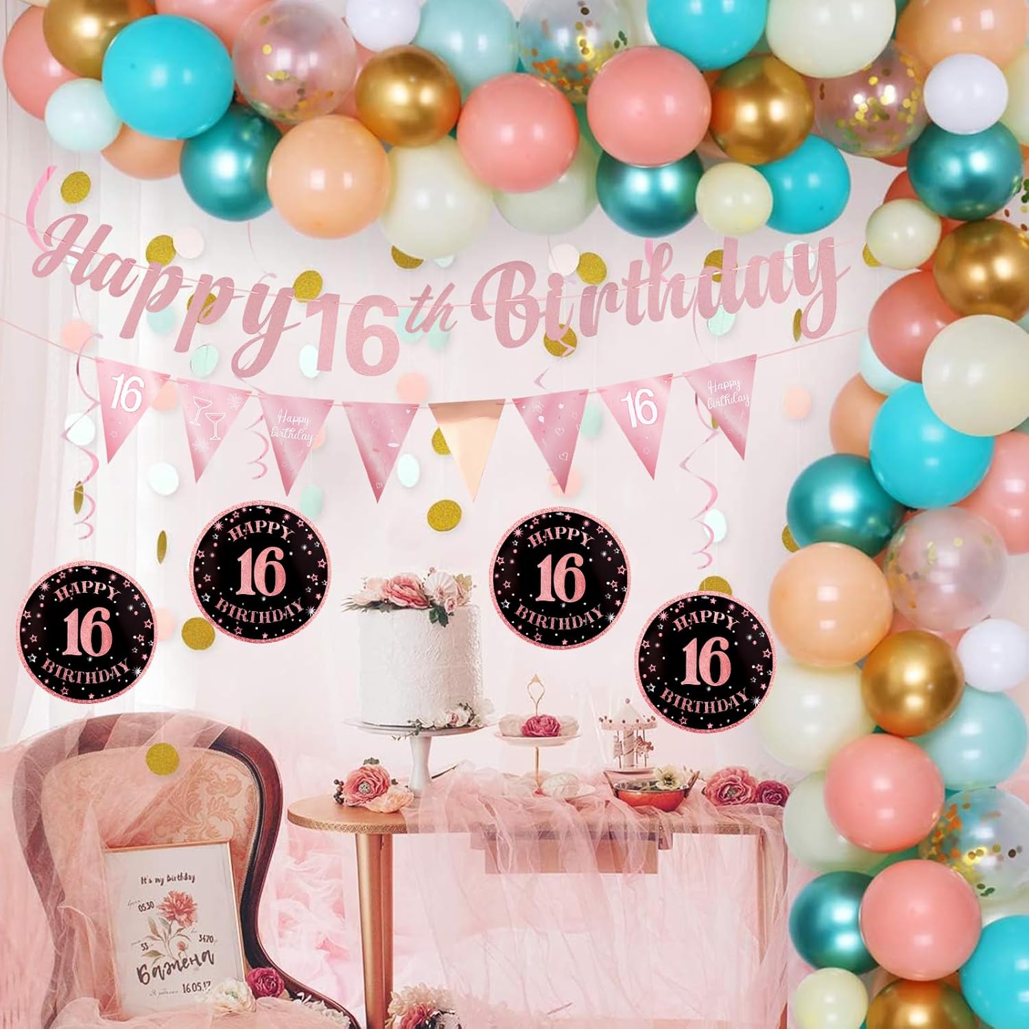 16th Birthday Decorations Set for Girls - Rose Gold